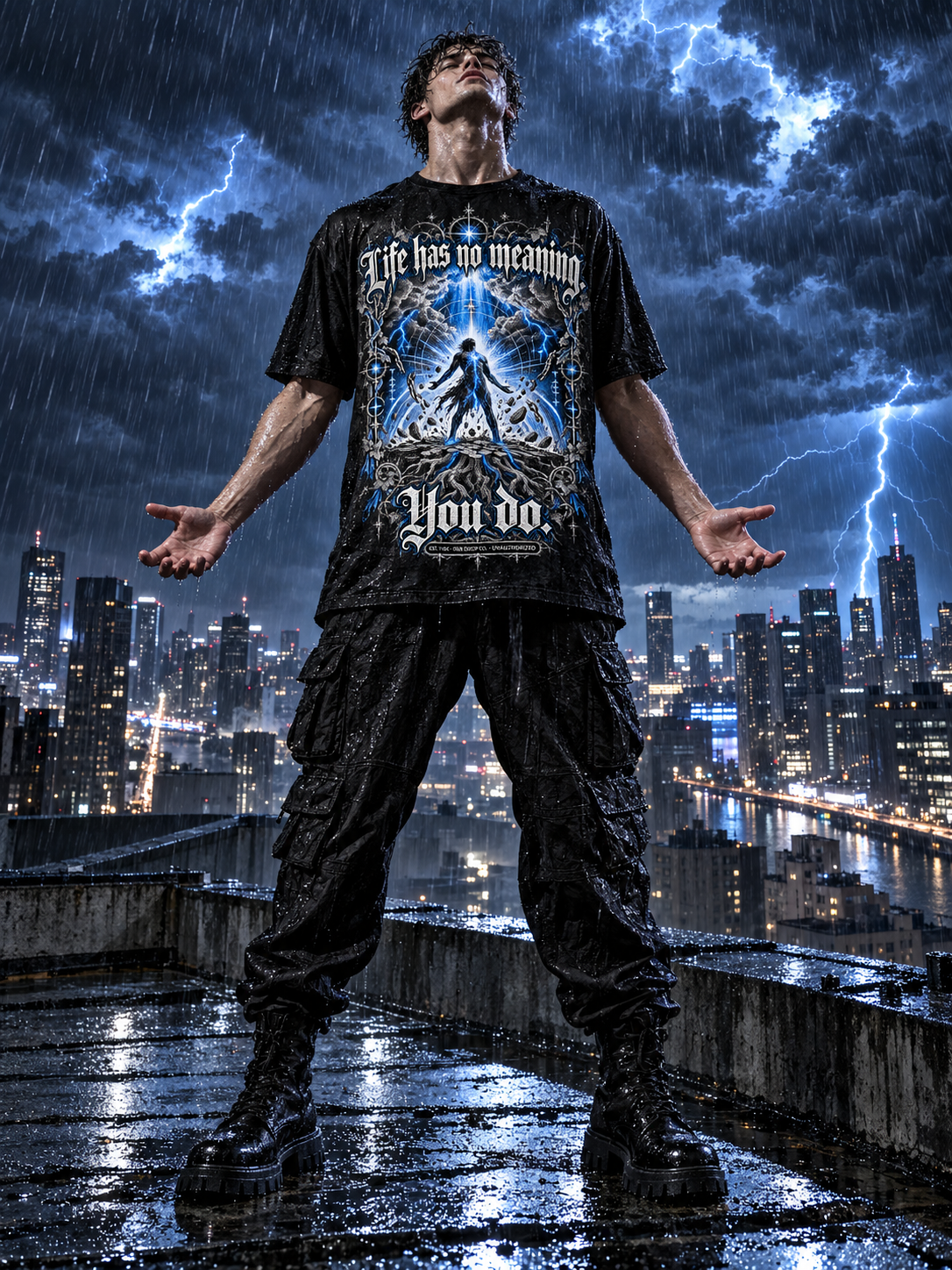 Men's black graphic tee with blue lightning figure front print