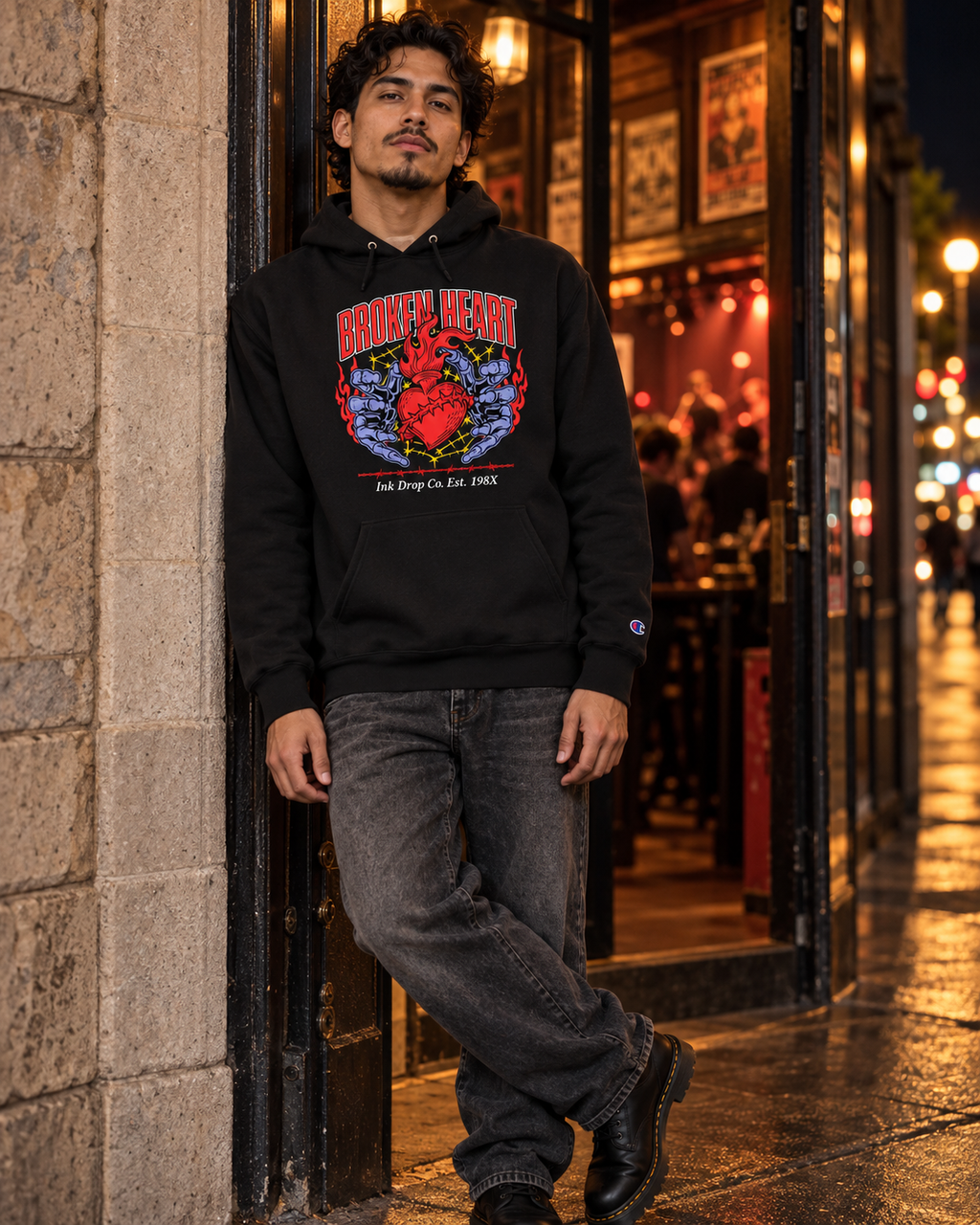 Champion black unisex graphic hoodie with Broken Heart front print and hood