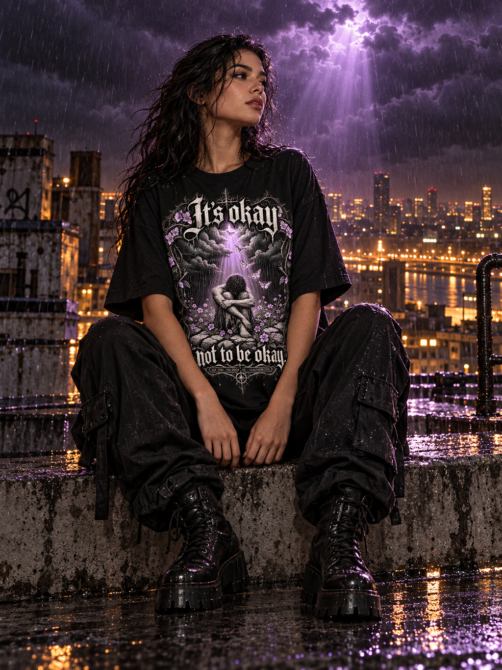 Black unisex graphic tee with front gothic angel artwork and slogan text