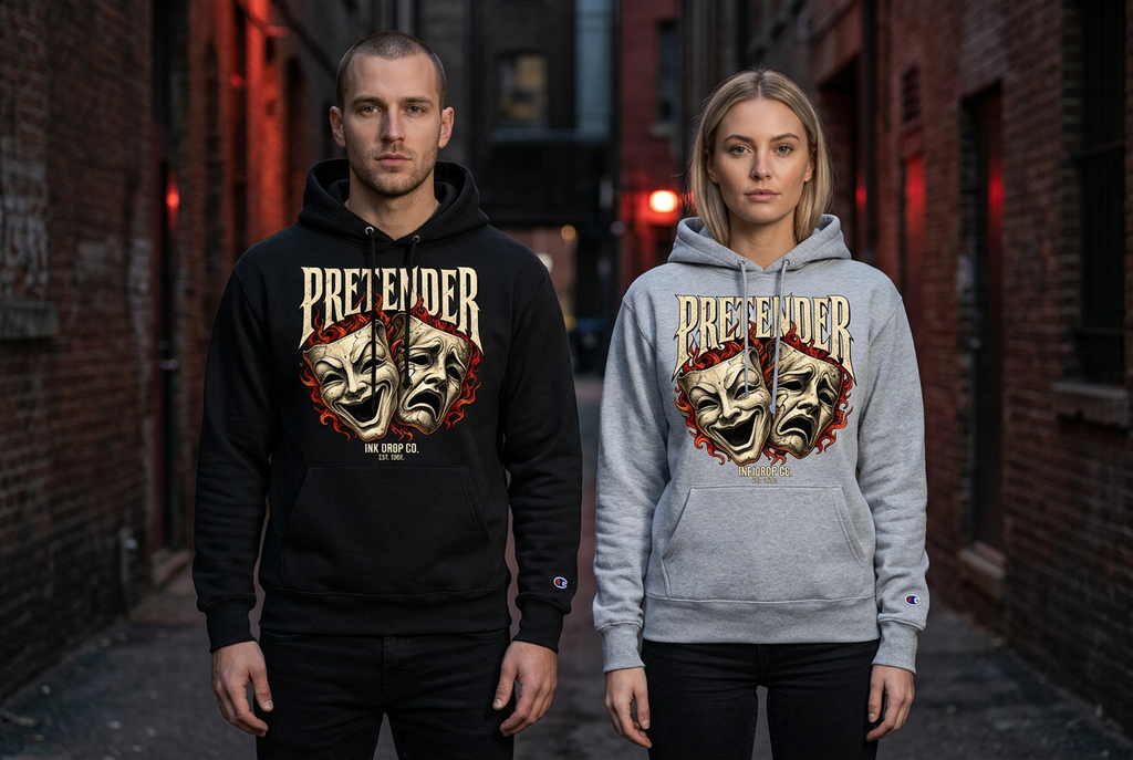Black and light gray Champion hoodies with theater mask graphics, modeled from the front
