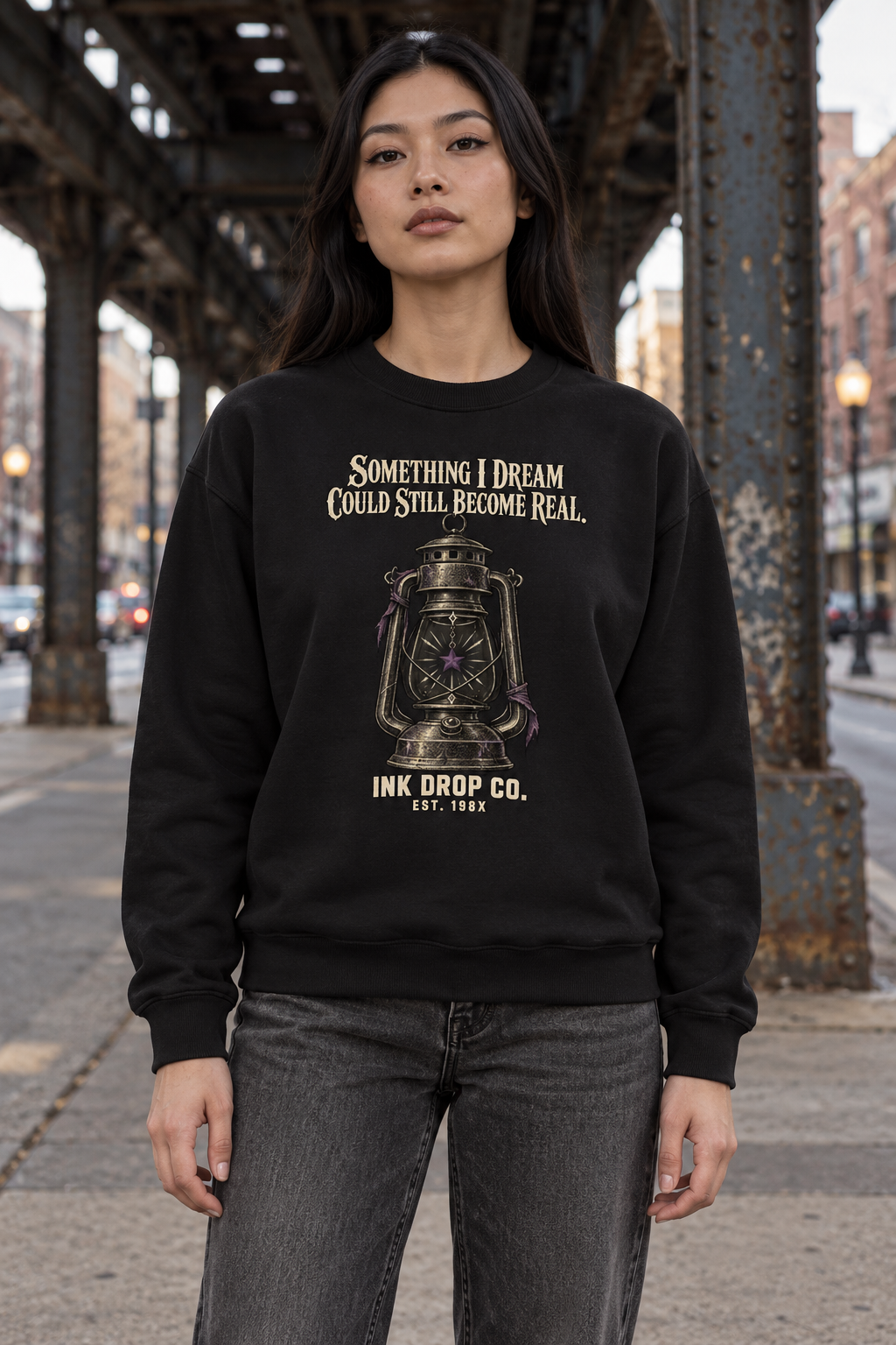 Black unisex crewneck sweatshirt with lantern graphic and crew neckline.