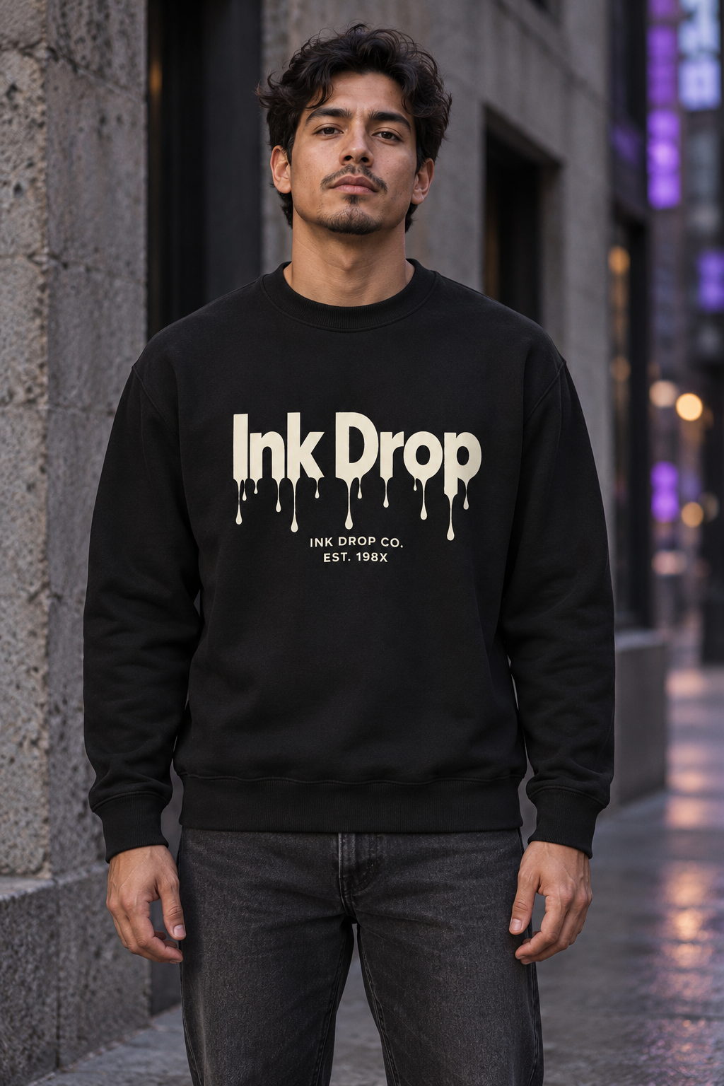 Black unisex crewneck sweatshirt with white Ink Drop drip logo graphic