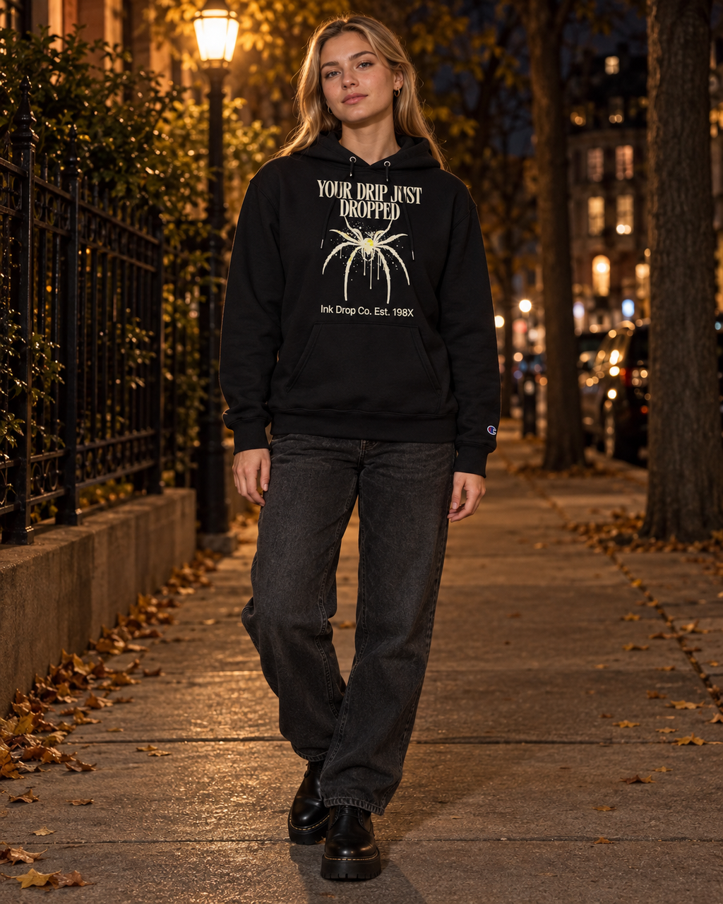 Black unisex graphic hoodie with front ink drip illustration and kangaroo pocket, worn