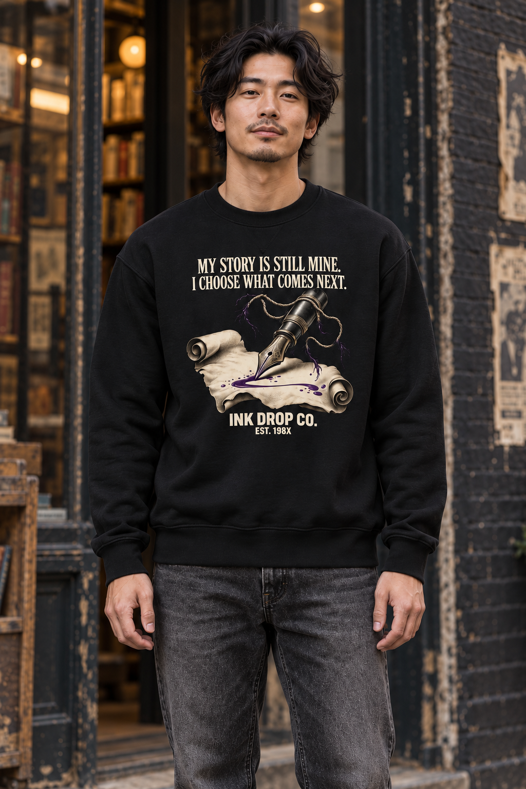 Black unisex crewneck sweatshirt with front graphic print and long sleeves, front view.