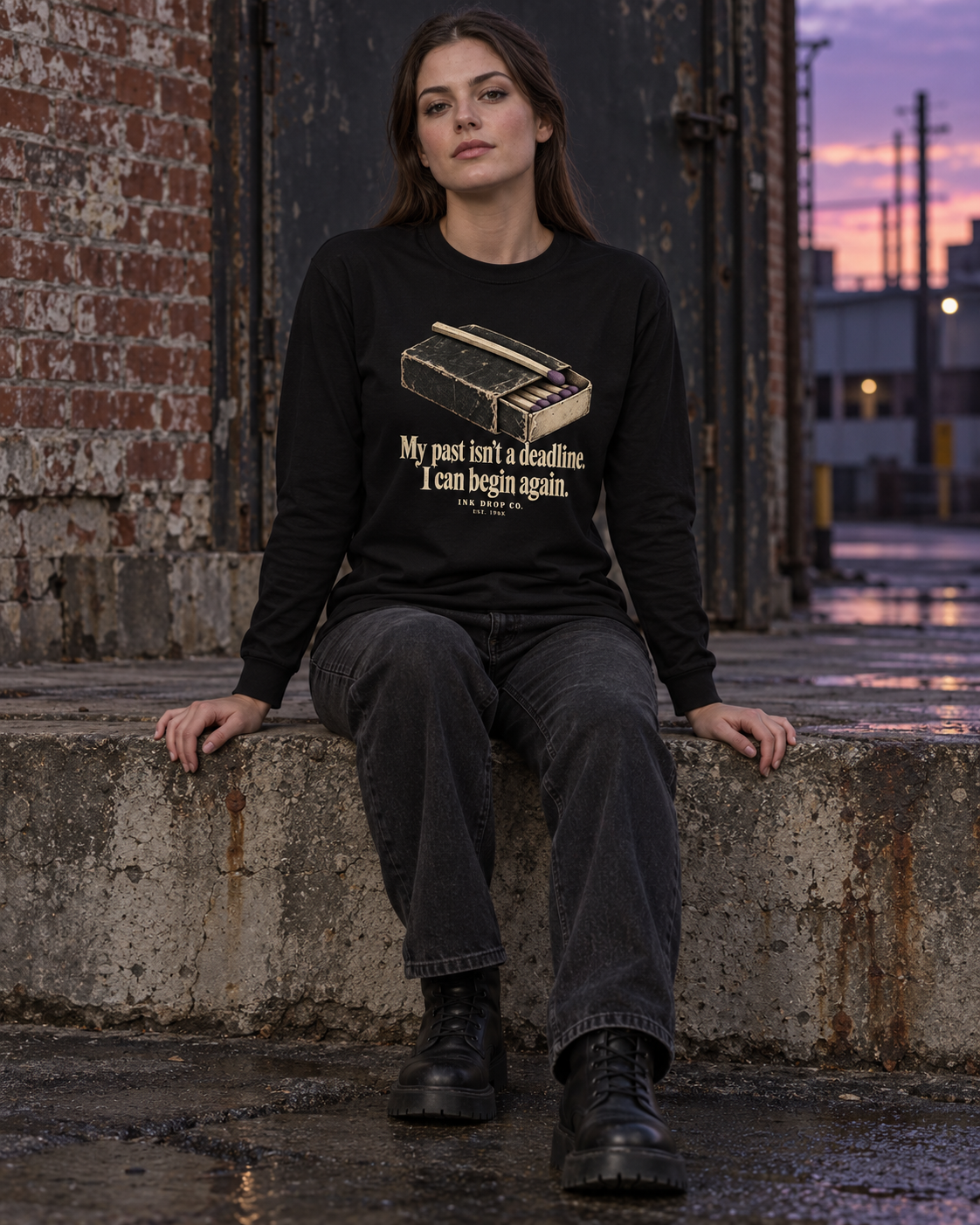 Unisex black long-sleeve crew tee with front quote graphic and crew neckline