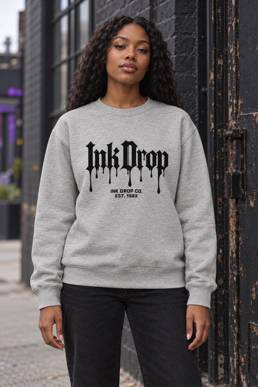 Gray unisex crewneck sweatshirt with black gothic drip logo front print