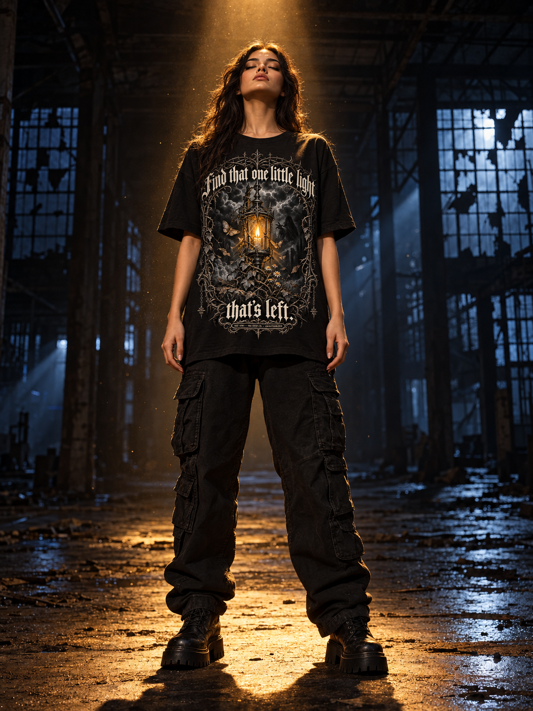 Black unisex graphic t-shirt, front lantern and text print
