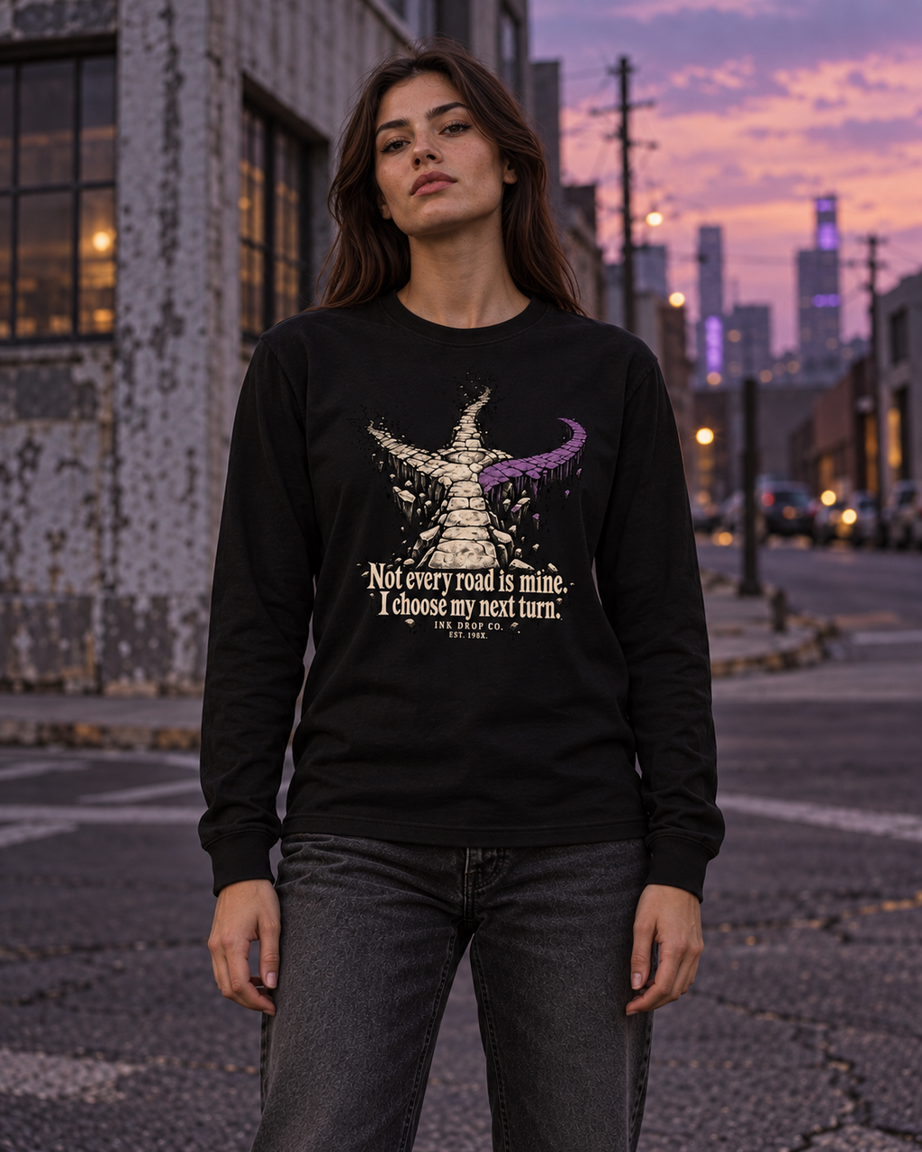 Unisex black long-sleeve graphic tee on model with angel skull quote print