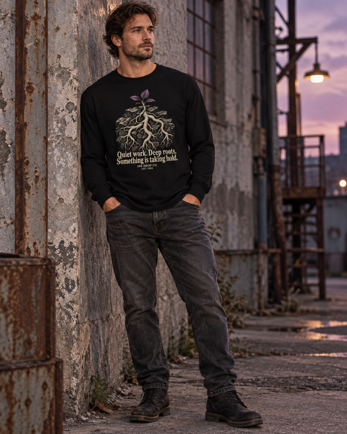 Black unisex long-sleeve graphic tee with tree-roots quote print, crew neck
