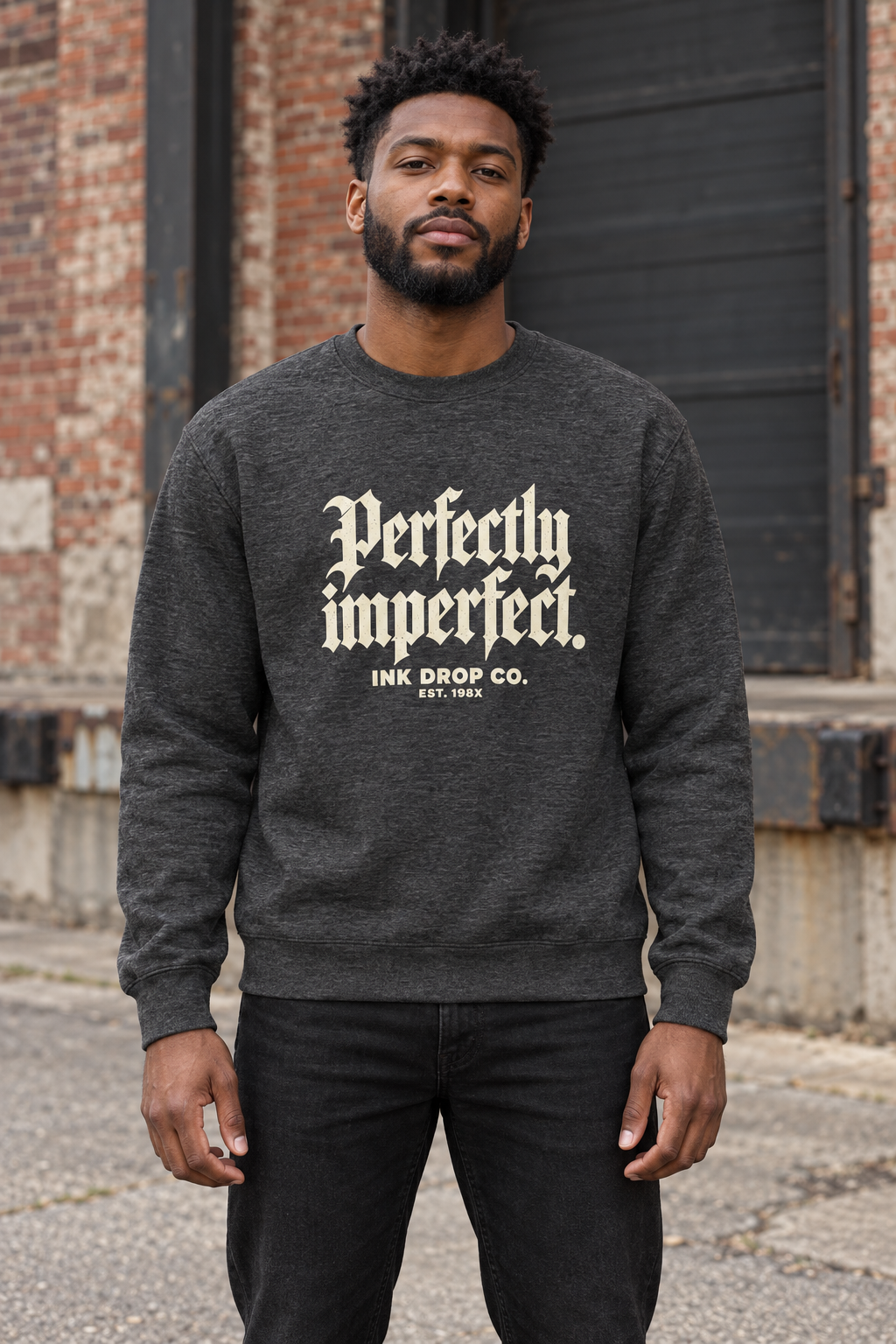 Charcoal heather unisex crewneck sweatshirt with large 'Perfectly imperfect' front graphic