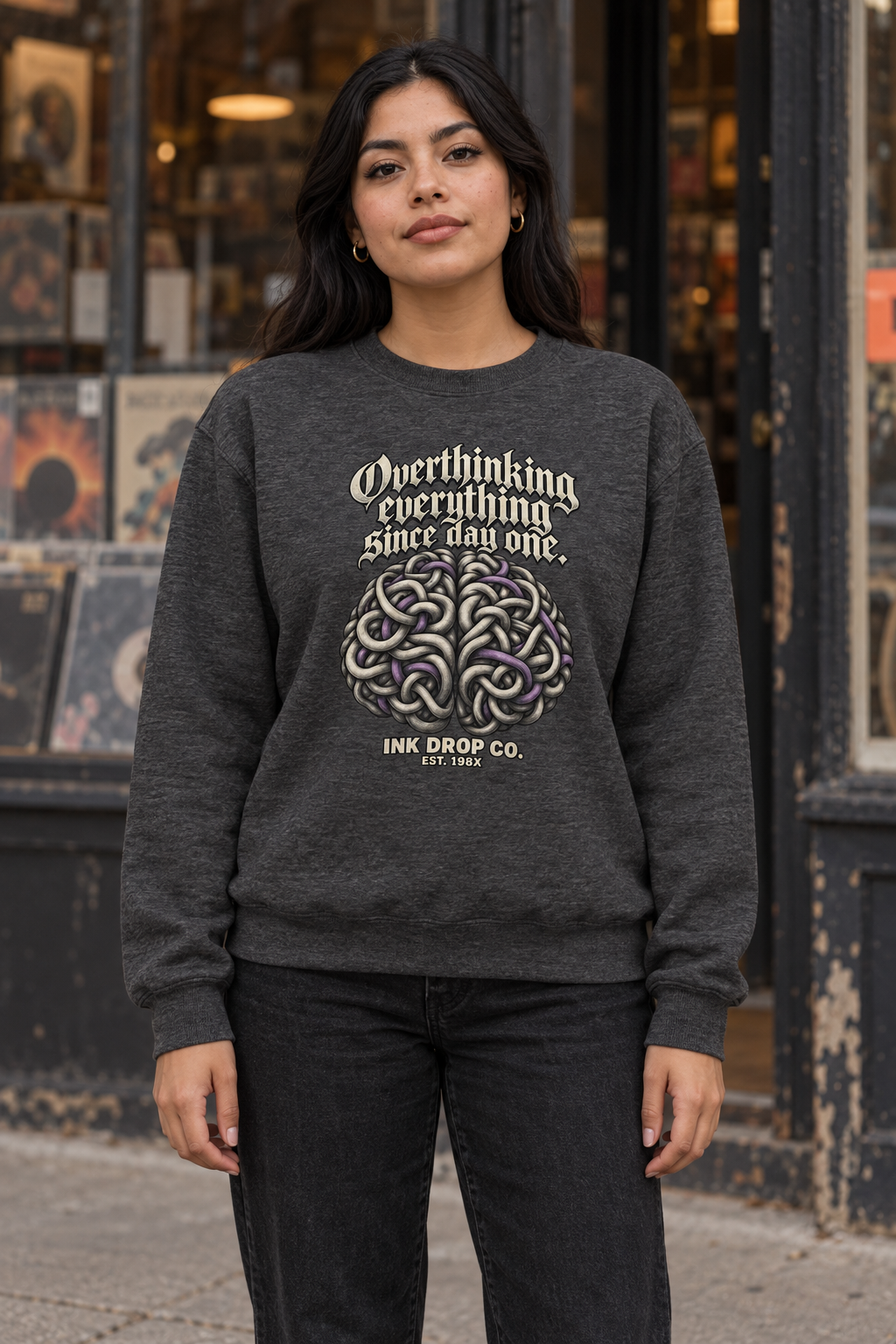 Charcoal heather unisex crewneck sweatshirt with large front graphic print