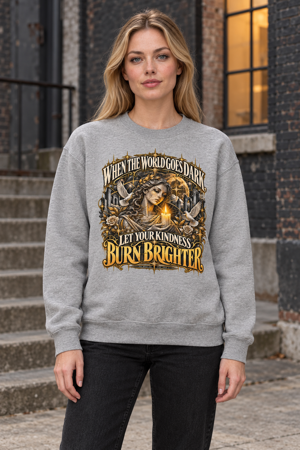 Unisex crewneck sweatshirt, light heather gray, gold graphic front print