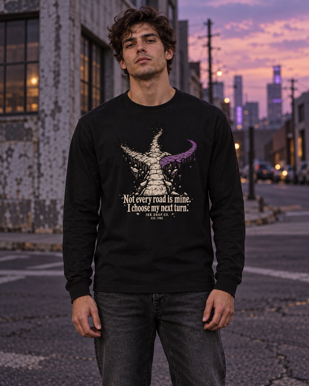 Unisex black long-sleeve graphic tee on model, crew neck, angel skull quote