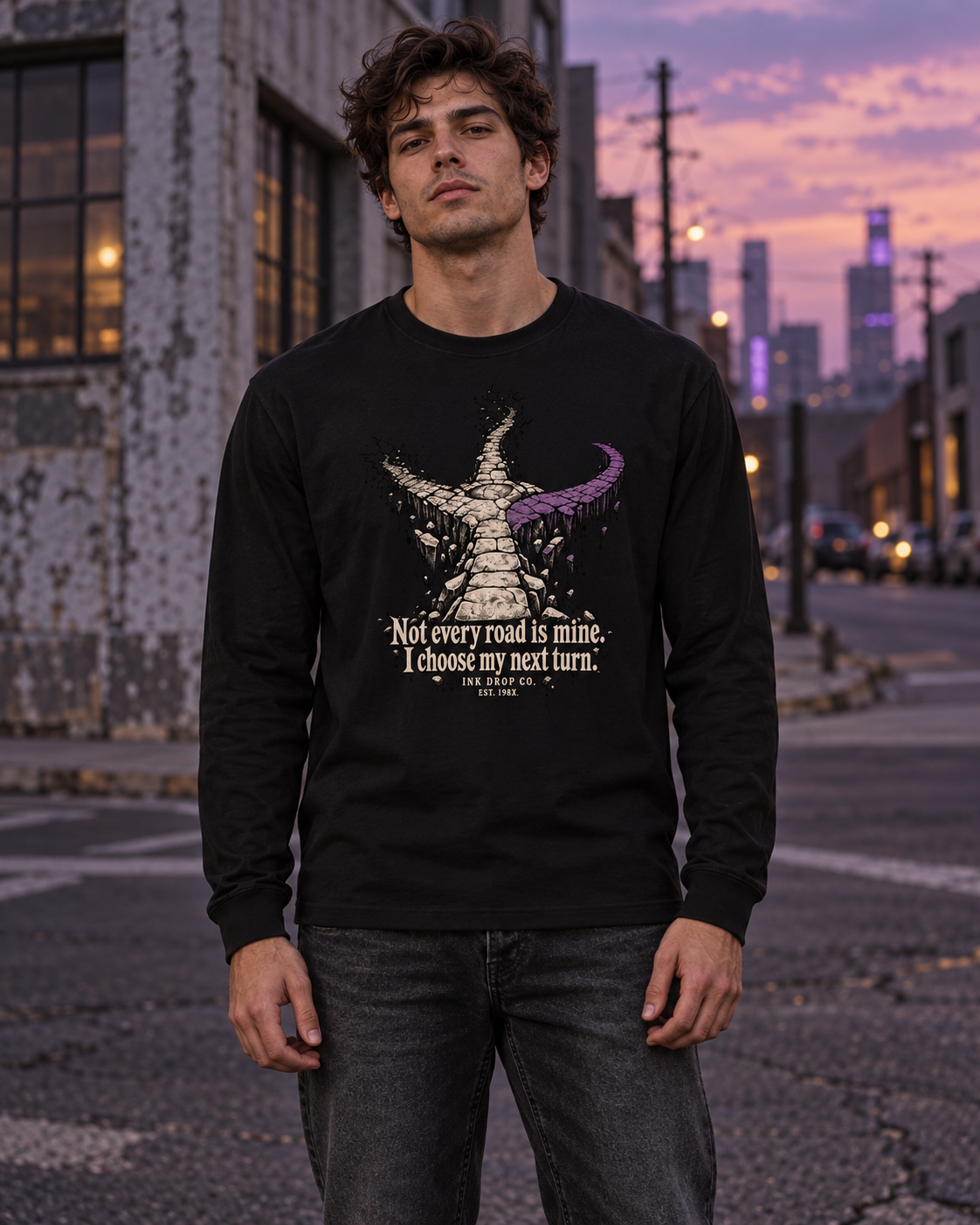 Unisex black long-sleeve graphic tee on model, crew neck, angel skull quote