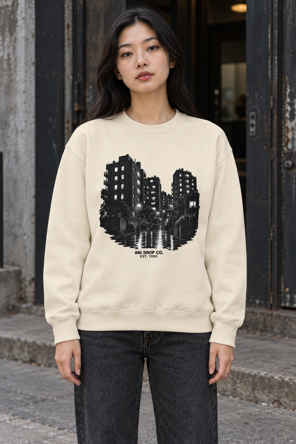 Cream bone unisex crewneck sweatshirt with black city skyline graphic and ribbed hem