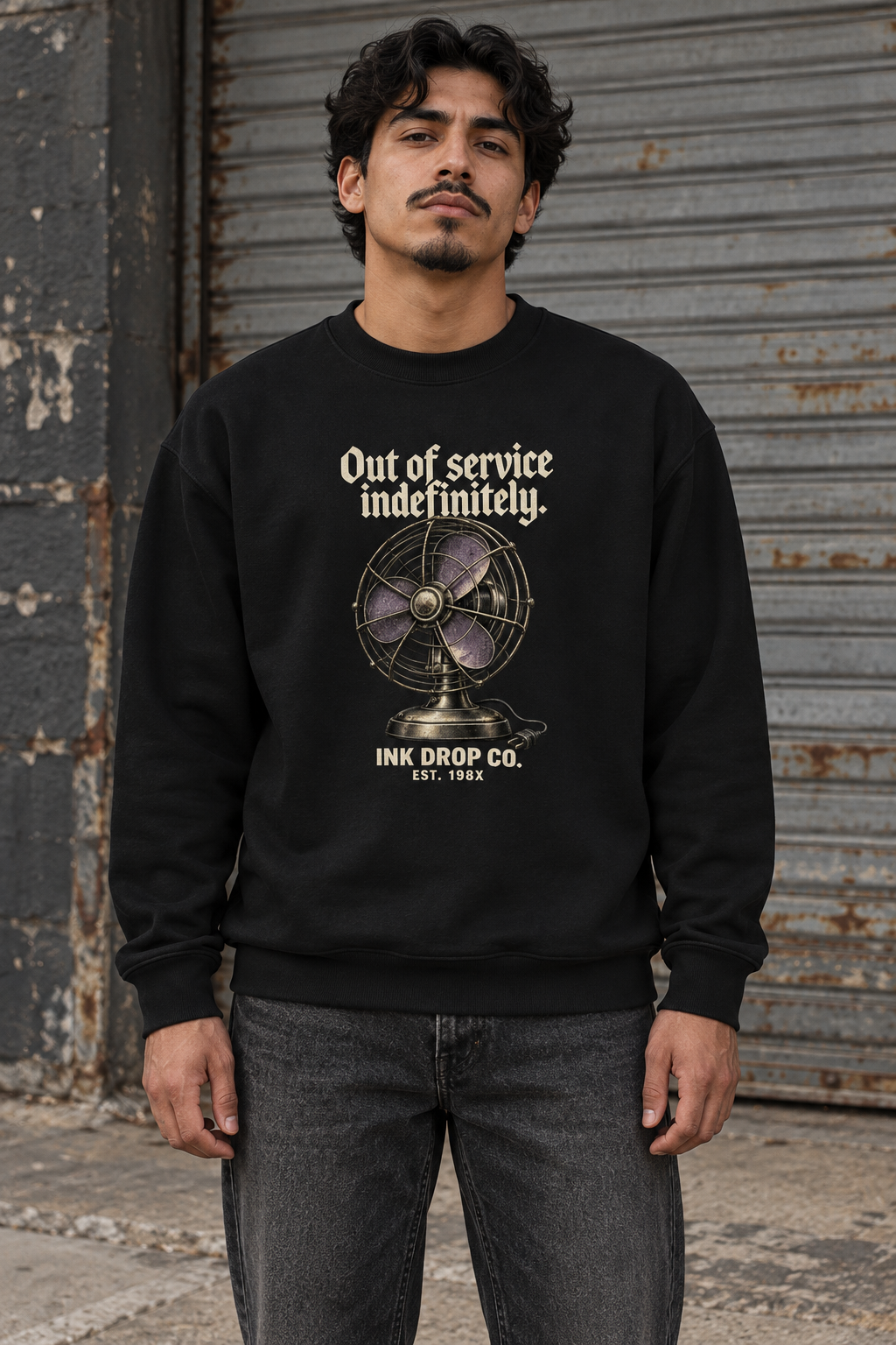 Unisex black crewneck sweatshirt with front graphic print and ribbed cuffs