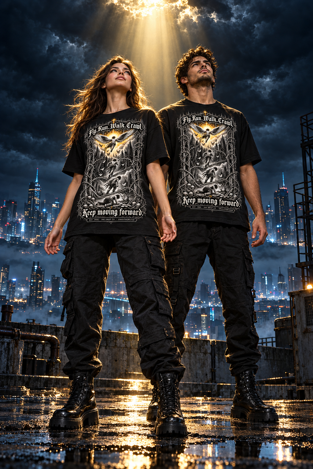 Black unisex graphic tee with eagle illustration and Keep moving forward text