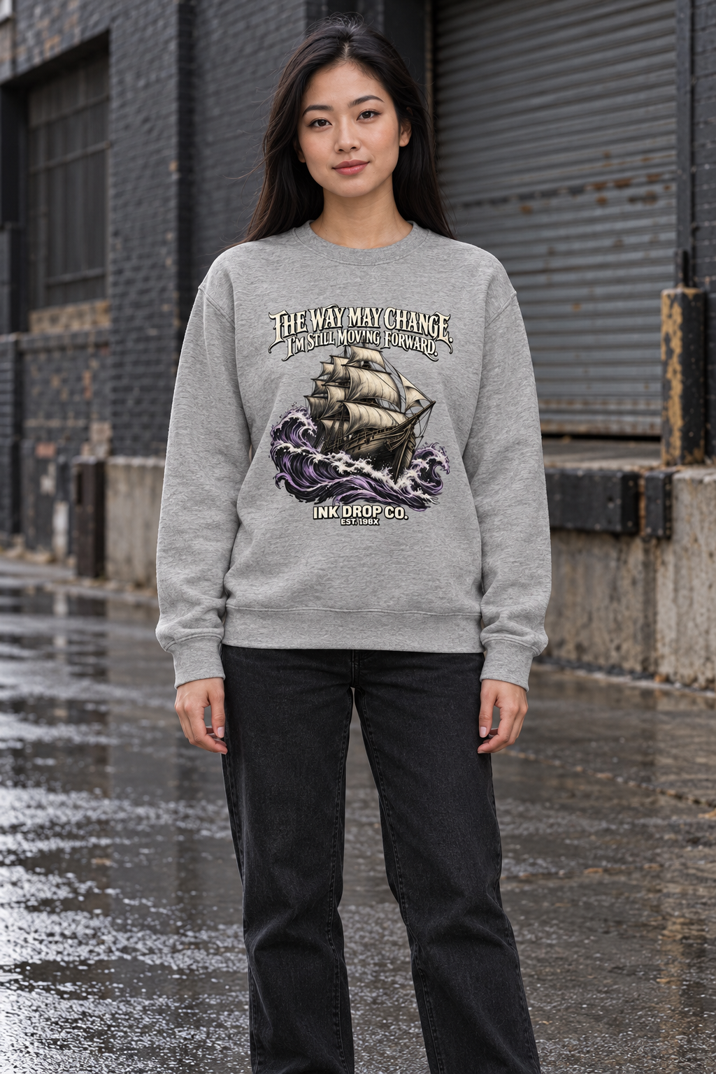 Carbon grey unisex crewneck sweatshirt with front graphic print and ribbed cuffs