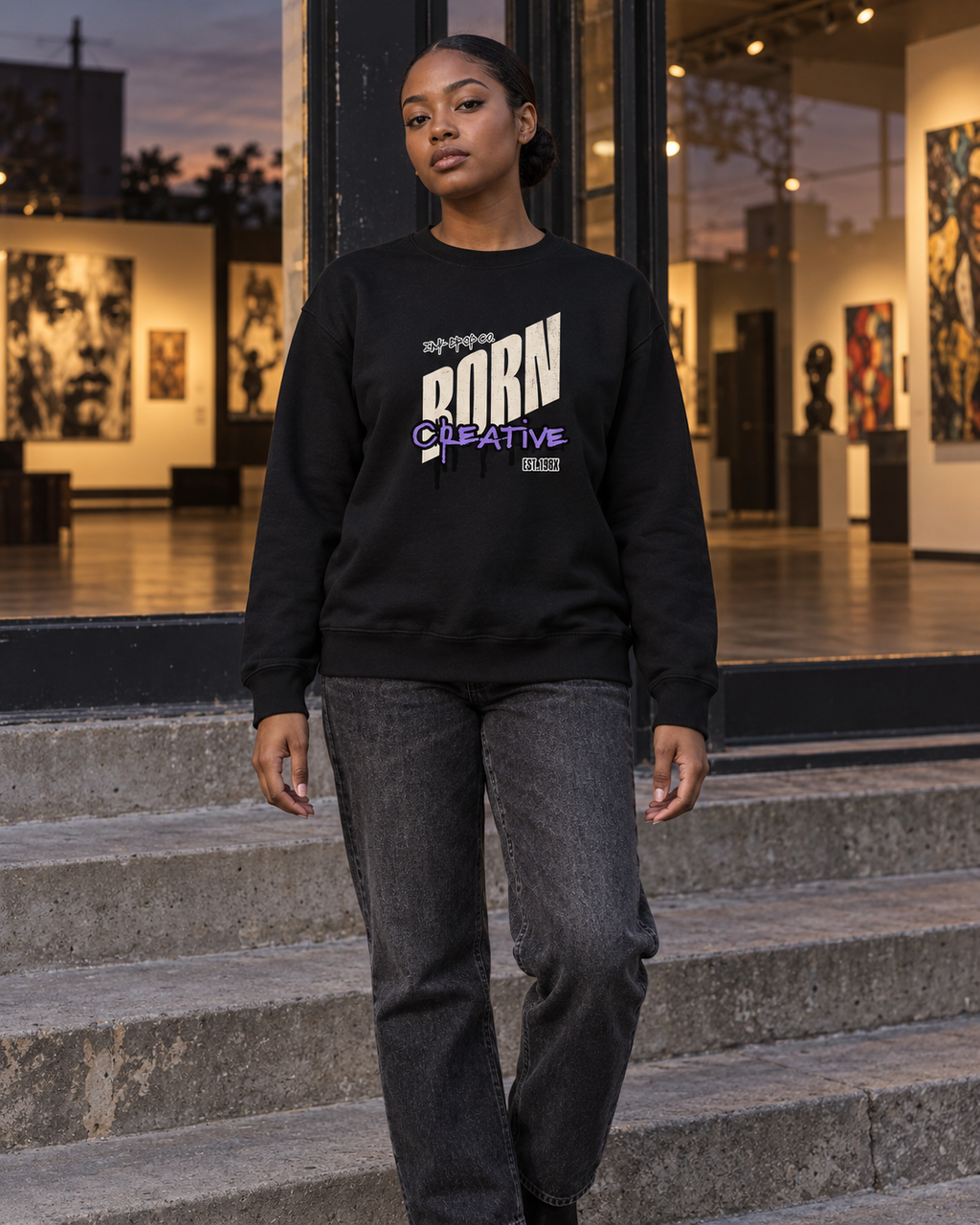 Black crewneck sweatshirt with Born Creative graphic, model front view