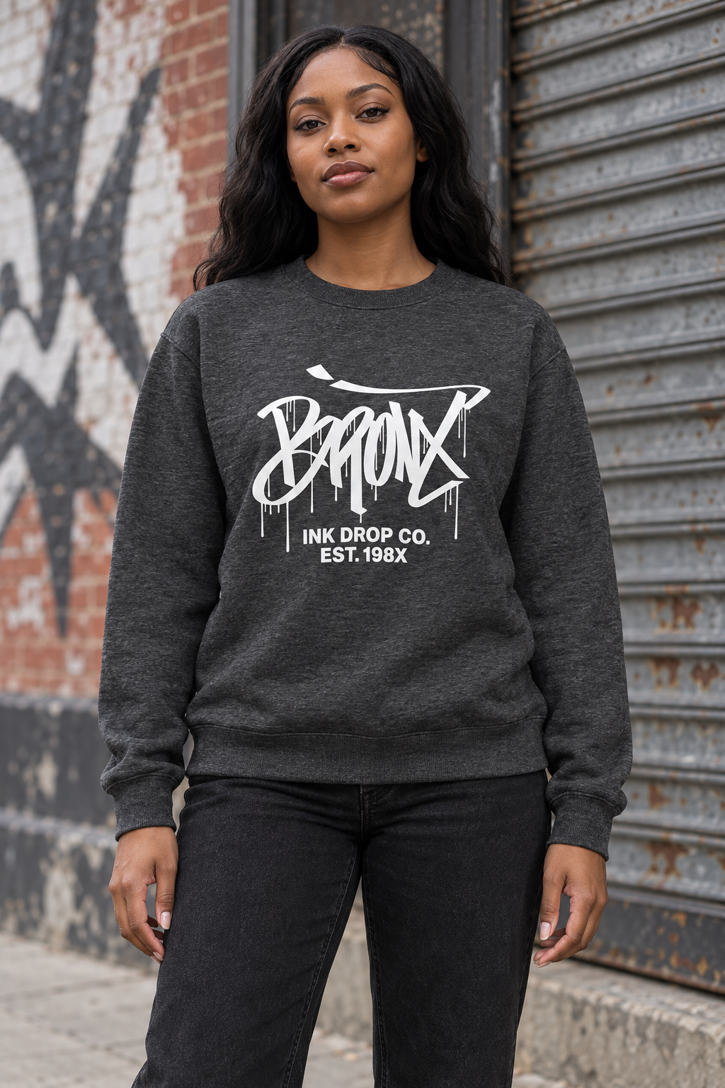 Charcoal heather unisex crewneck sweatshirt with white chest logo, crew neck, ribbed hem