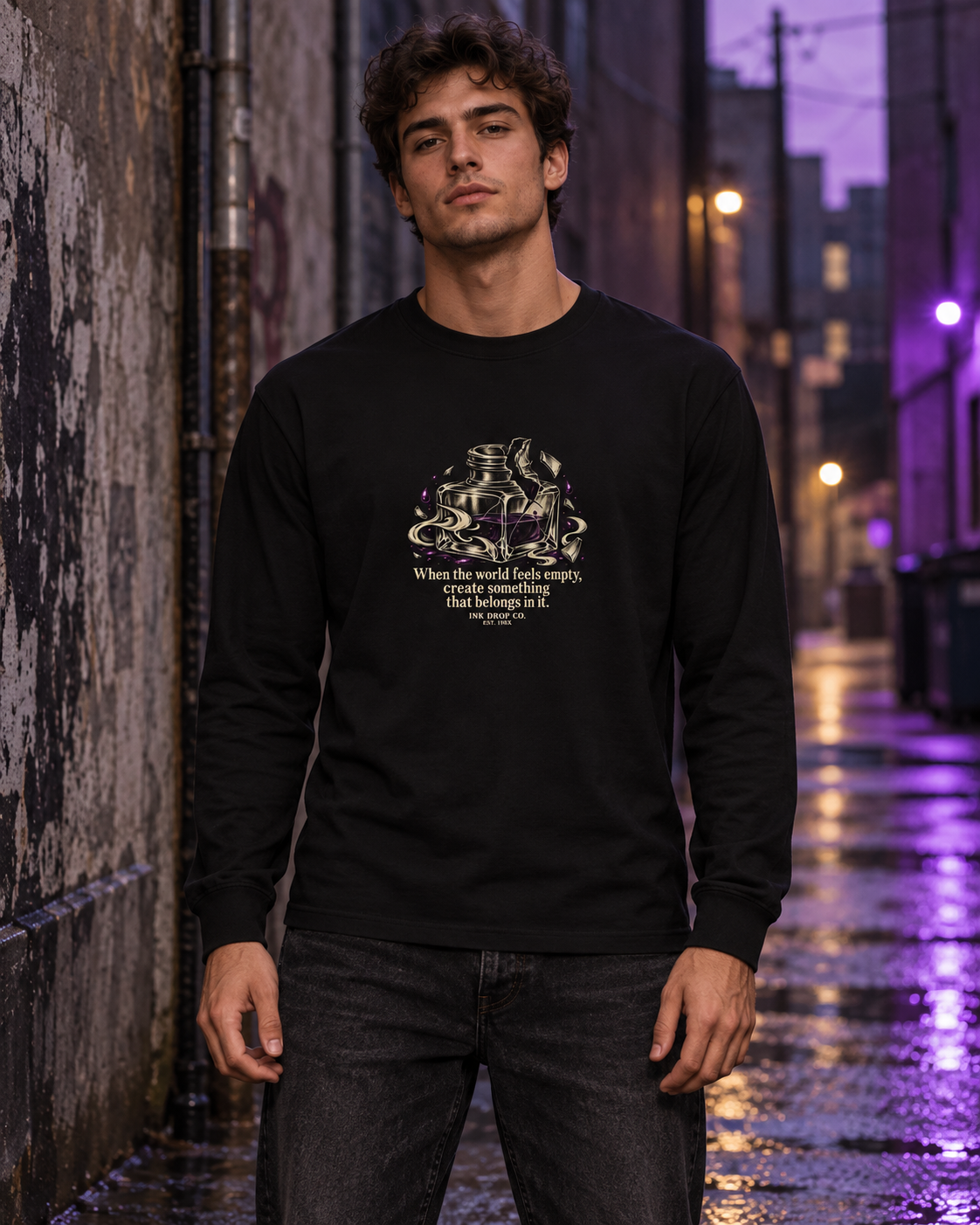 Black unisex long-sleeve graphic tee with crew neck and chest logo artwork