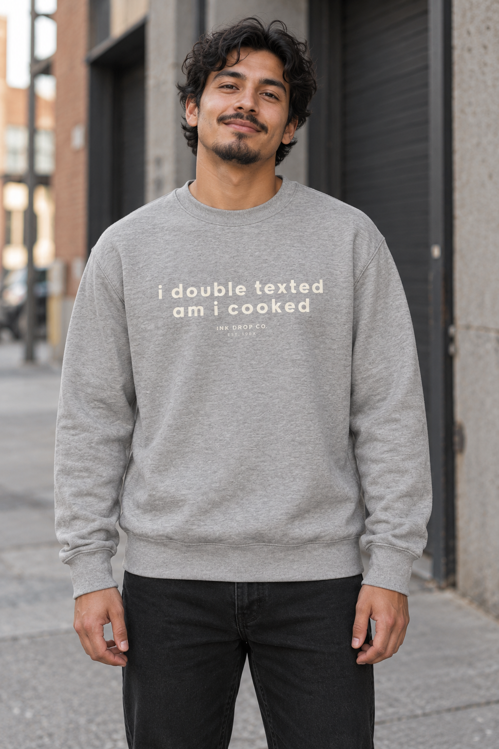 Light heather grey crewneck sweatshirt on model with chest graphic, long sleeves