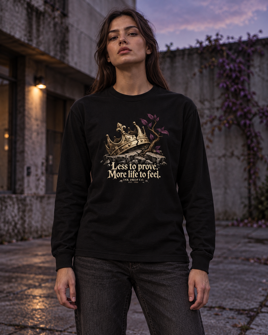 Unisex black long-sleeve graphic tee on model, front center crown and quote print