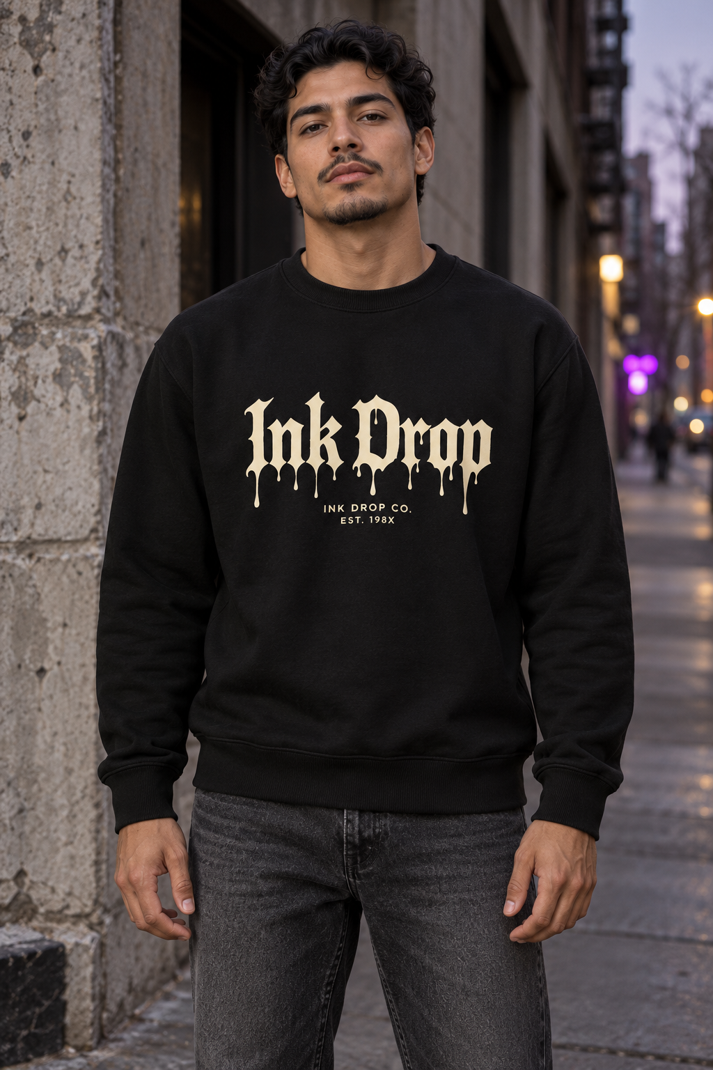 Black unisex crewneck sweatshirt with InkDrop gothic drip logo on chest