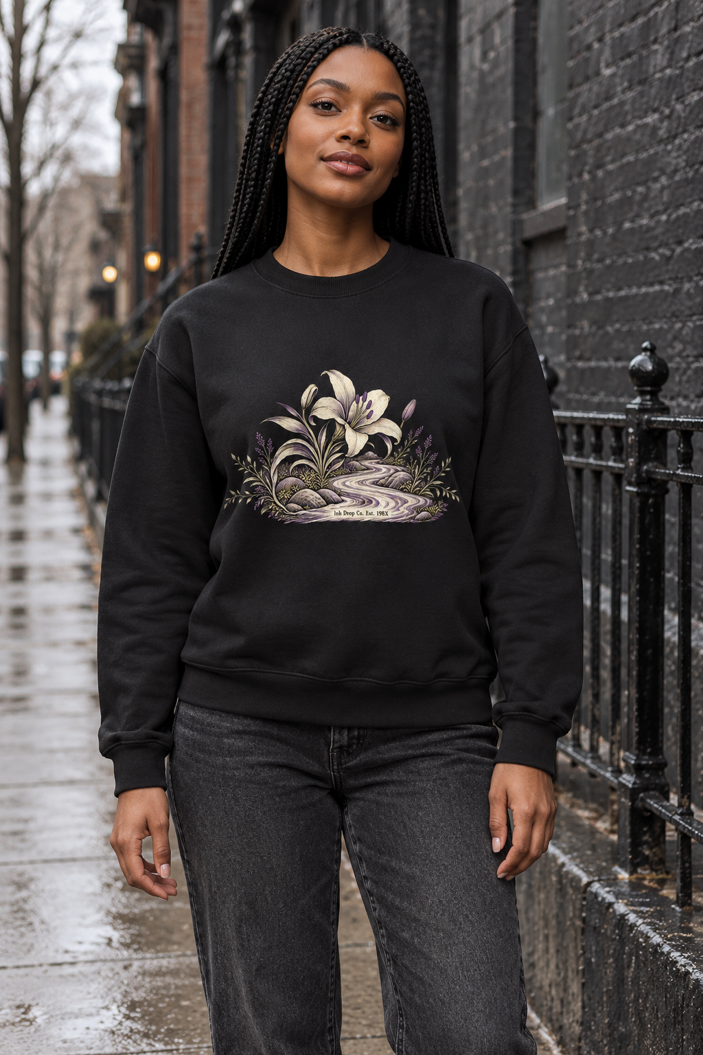 Women's crewneck sweatshirt, black with floral front graphic, outdoor model