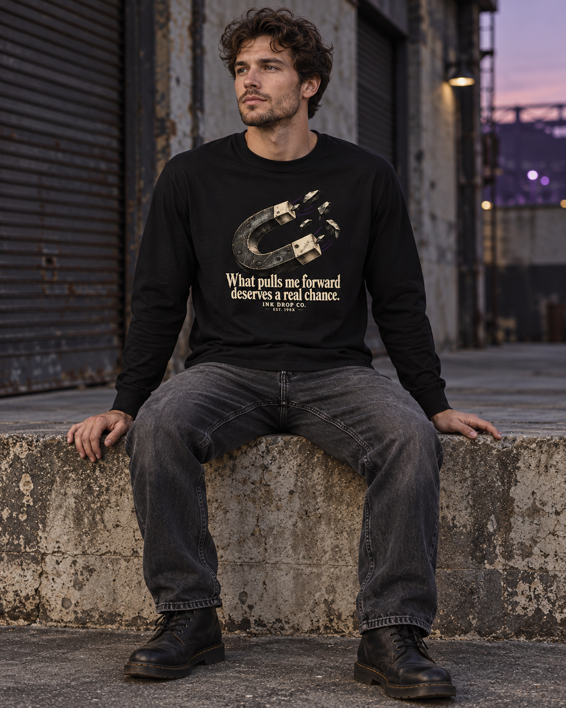 Unisex black long sleeve graphic tee on seated model, front horseshoe text print