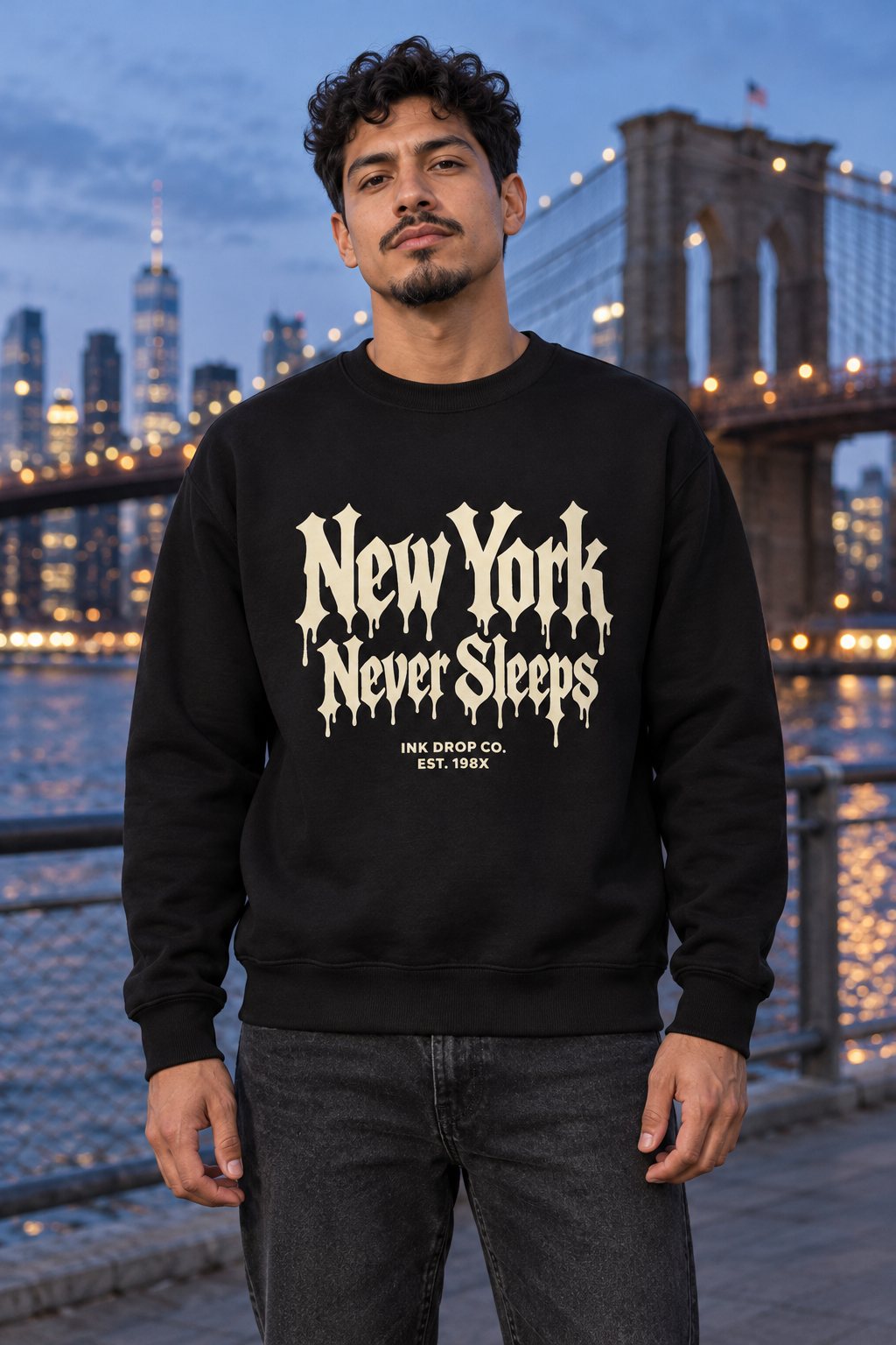 Unisex crewneck sweatshirt in black with front New York graphic print