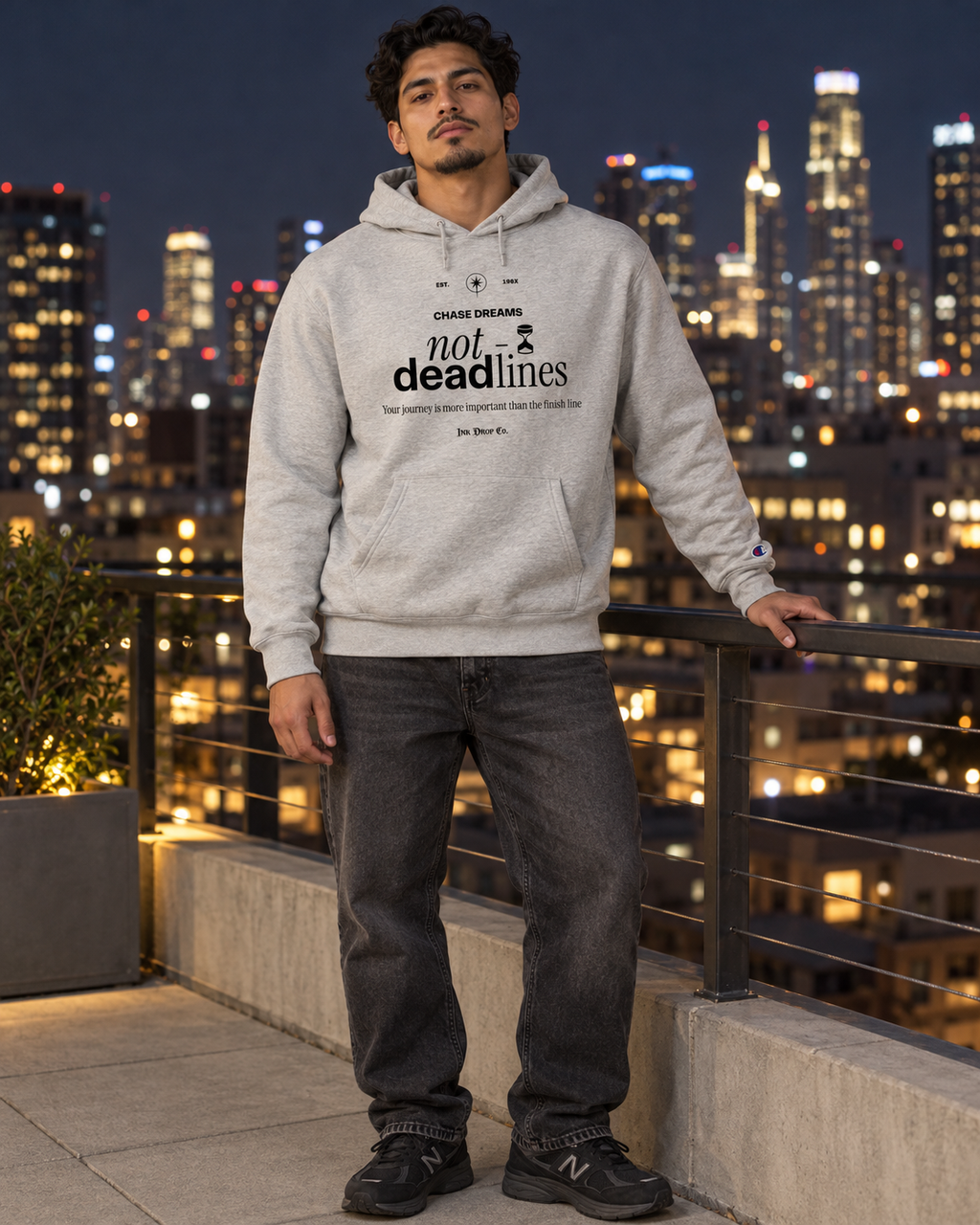 Gray Champion hoodie with 'not deadlines' chest graphic and hood drawstrings