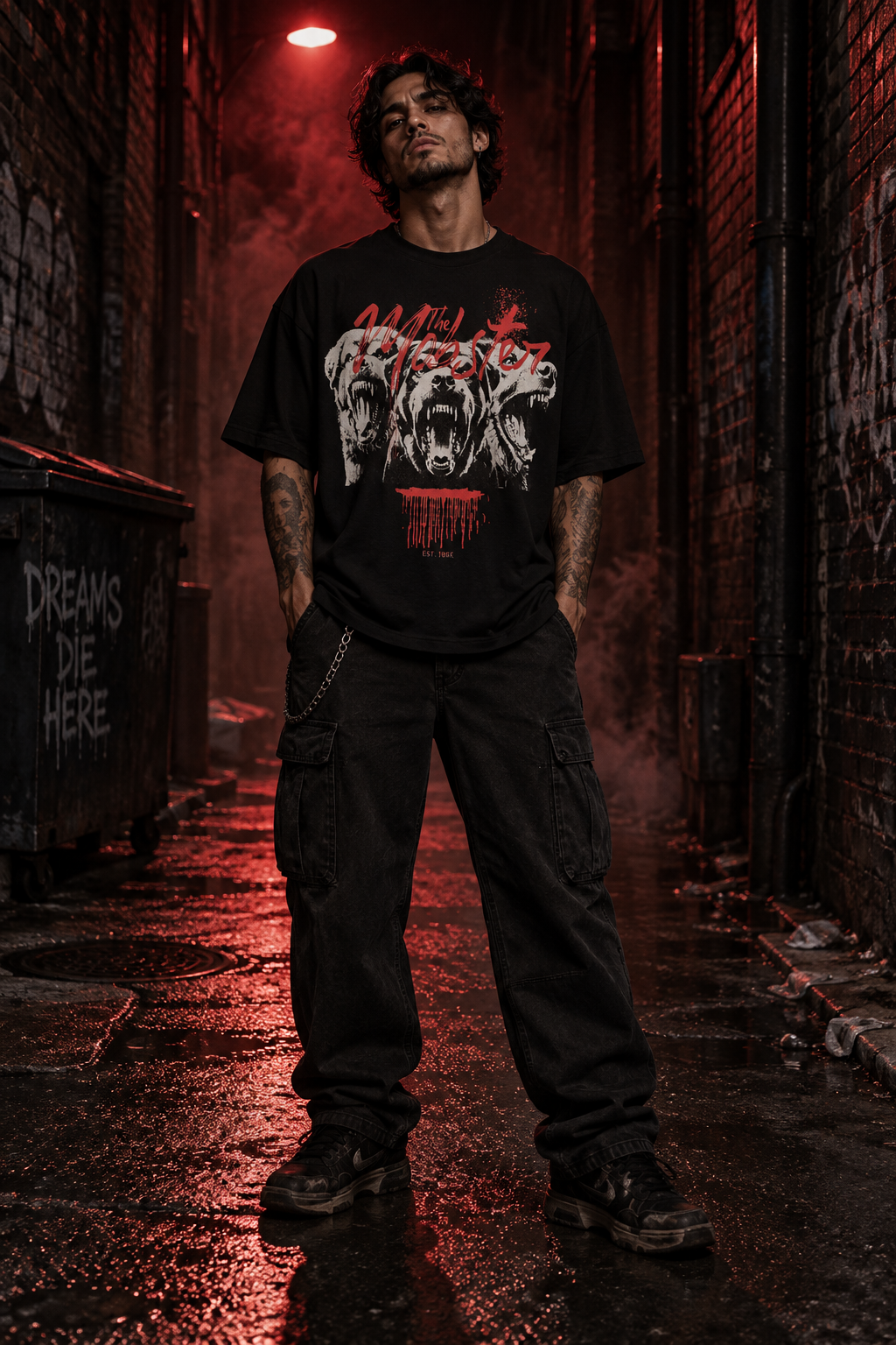 Black crew-neck graphic tee with skull print, worn with dark jeans