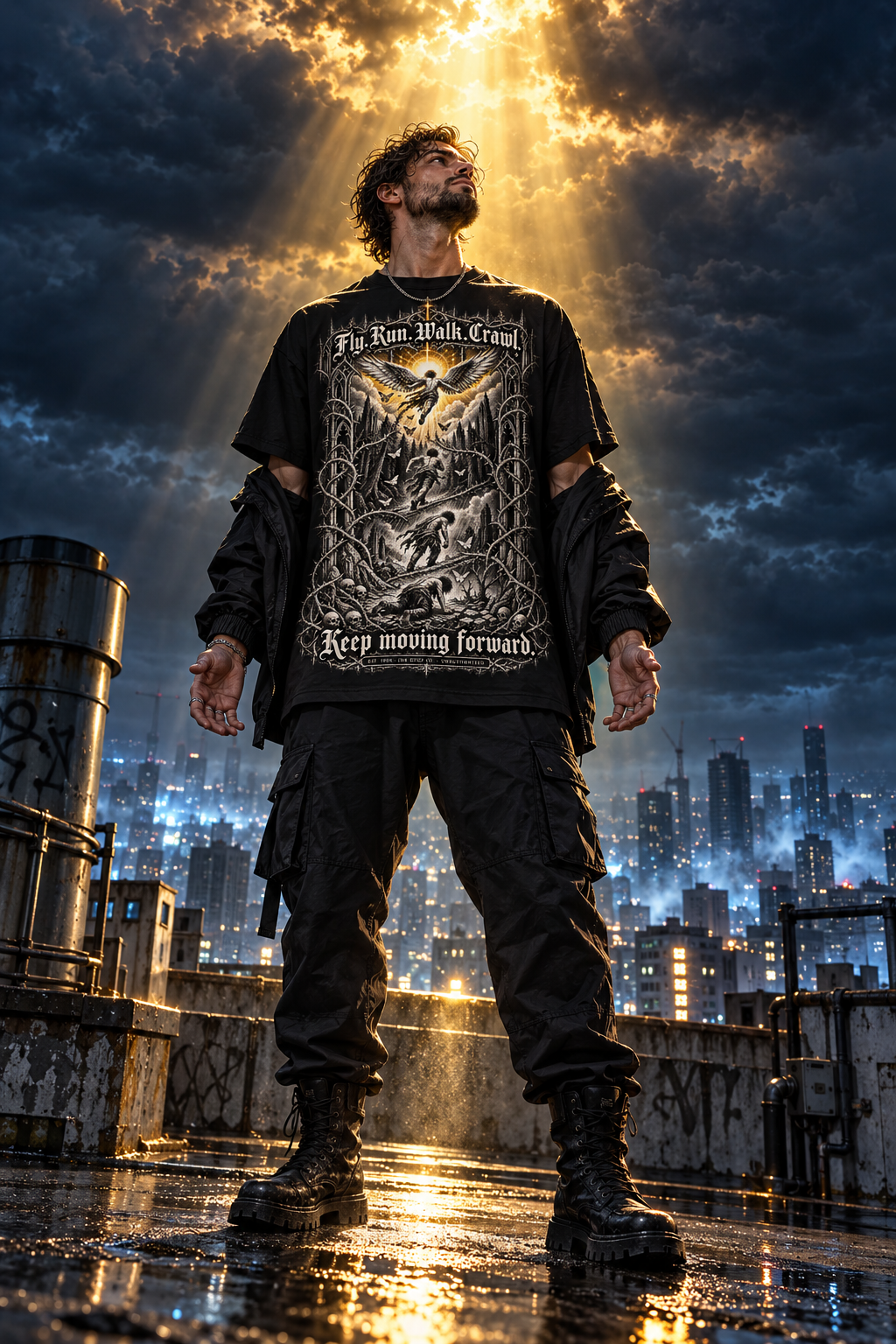 Black unisex graphic tee with eagle illustration and Keep moving forward on back