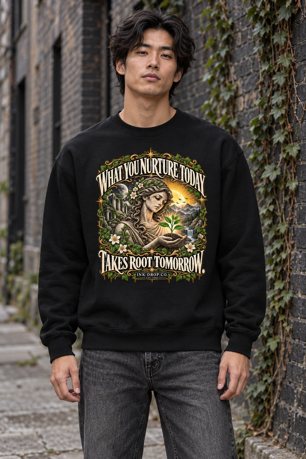 Unisex crewneck sweatshirt, black with front “What You Nurture Today” nature graphic
