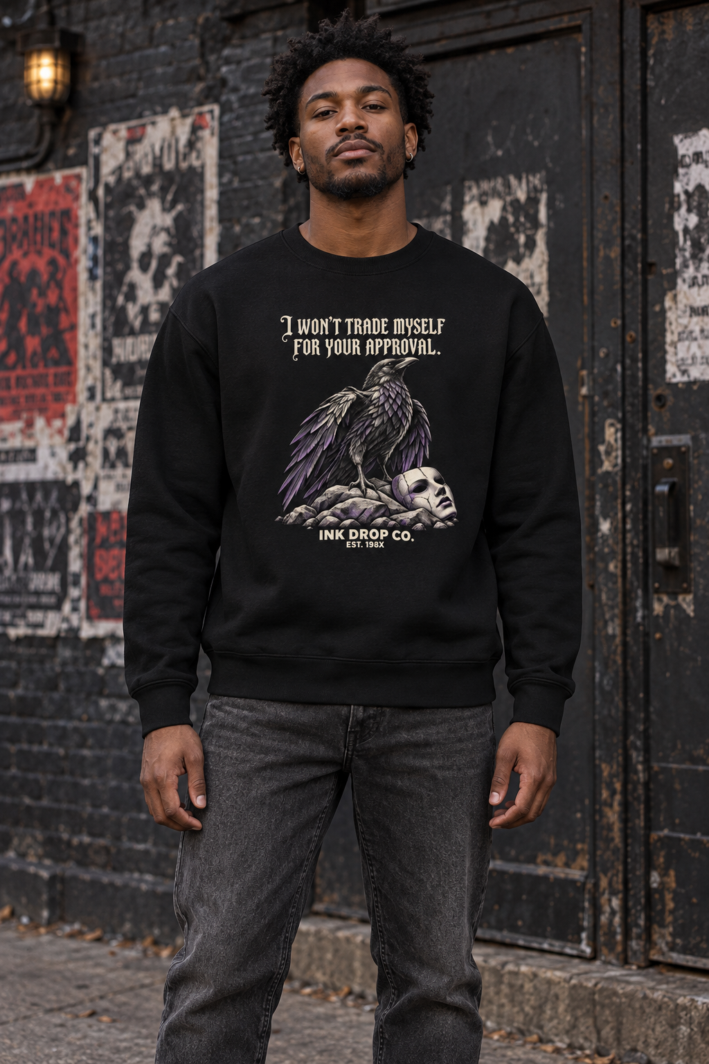 Black unisex crewneck sweatshirt with typographic quote and purple eagle graphic