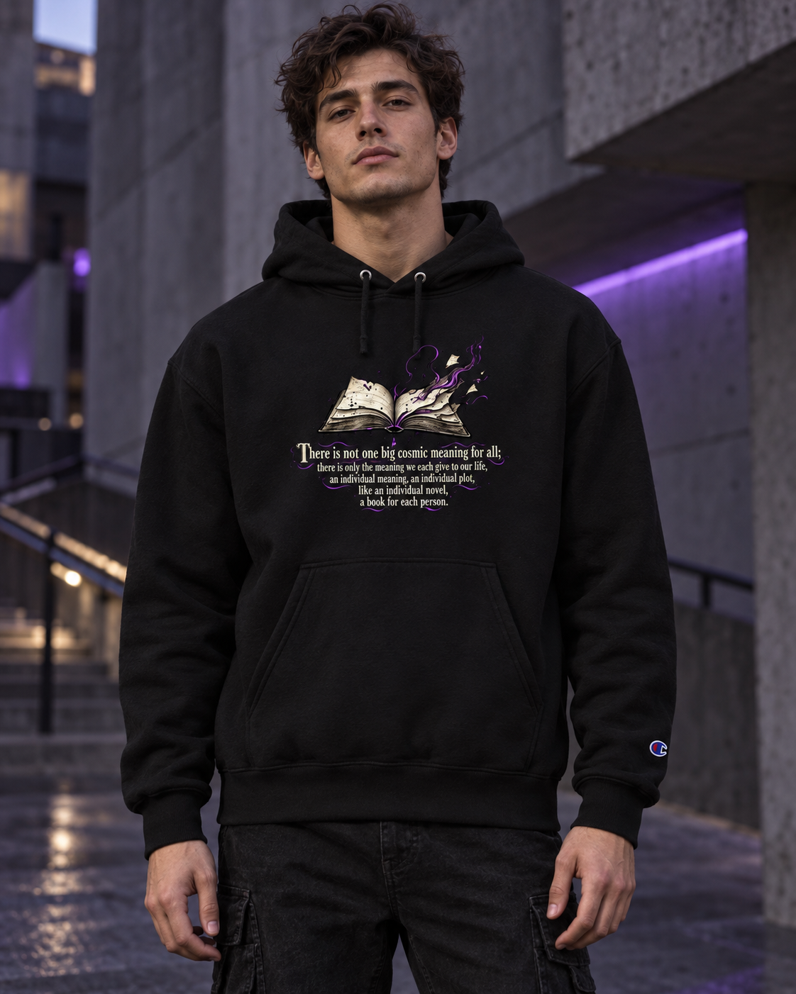 Unisex black pullover hoodie on model, featuring hood, kangaroo pocket, and story graphic