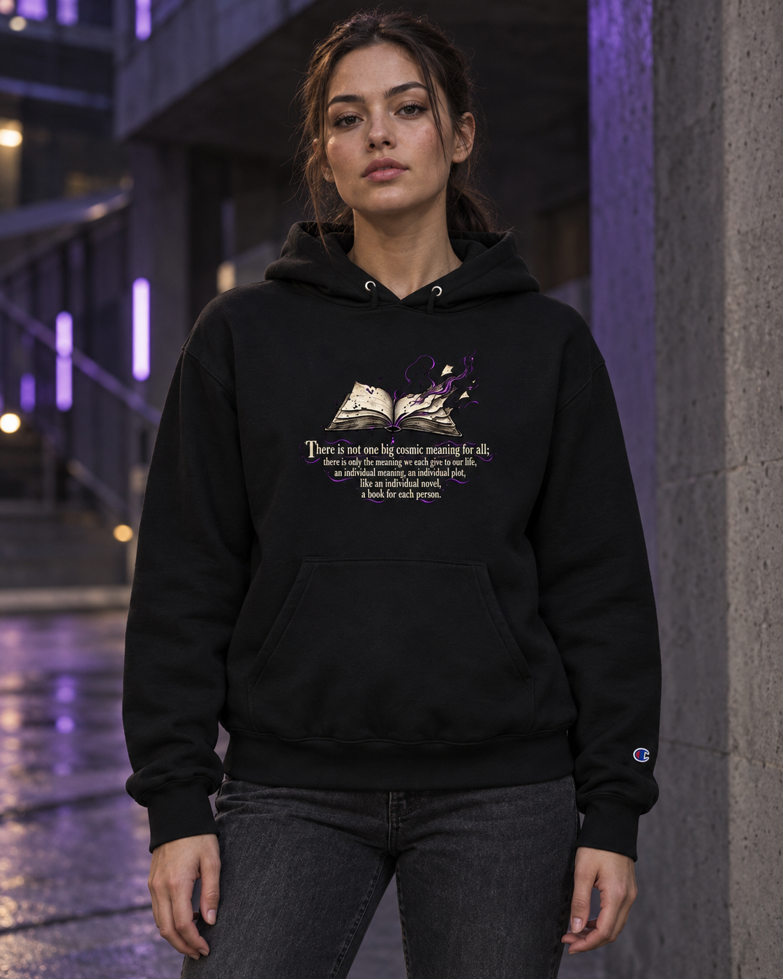 Unisex black pullover hoodie with hood, kangaroo pocket, and multicolor story graphic