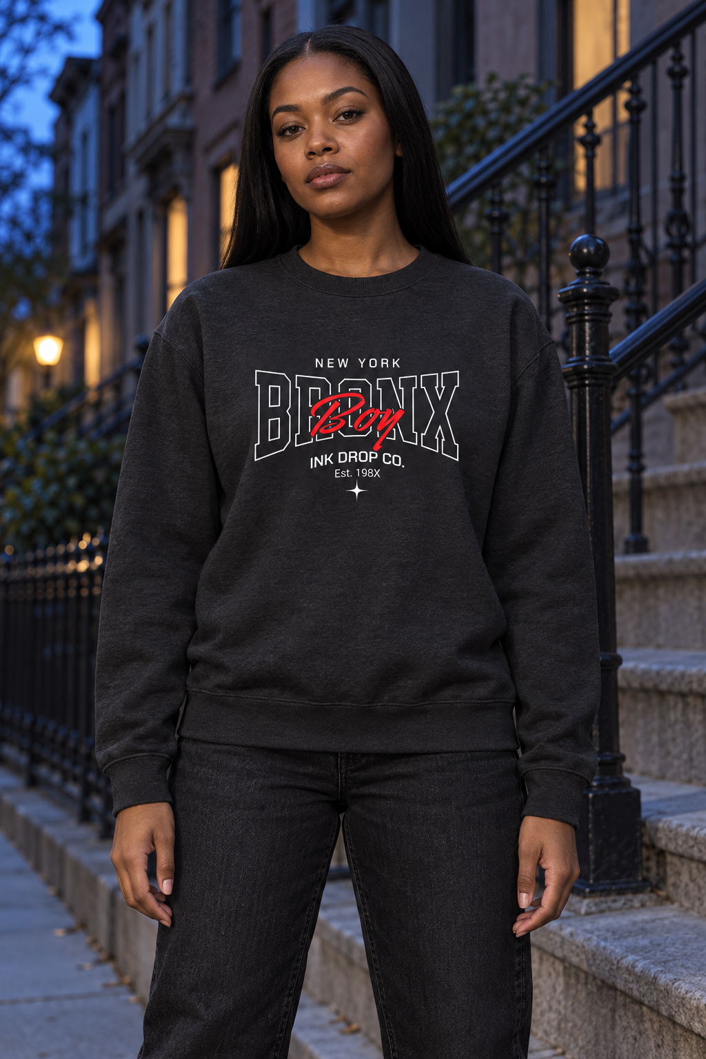 Charcoal heather crewneck sweatshirt with New York Bronx graphic on wearer