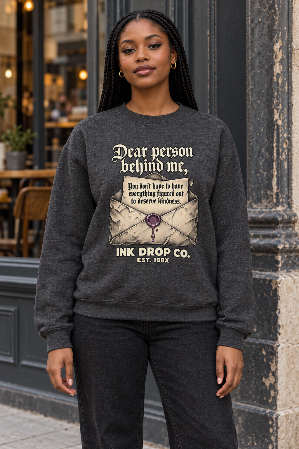 Unisex crewneck sweatshirt in dark charcoal gray with front graphic print