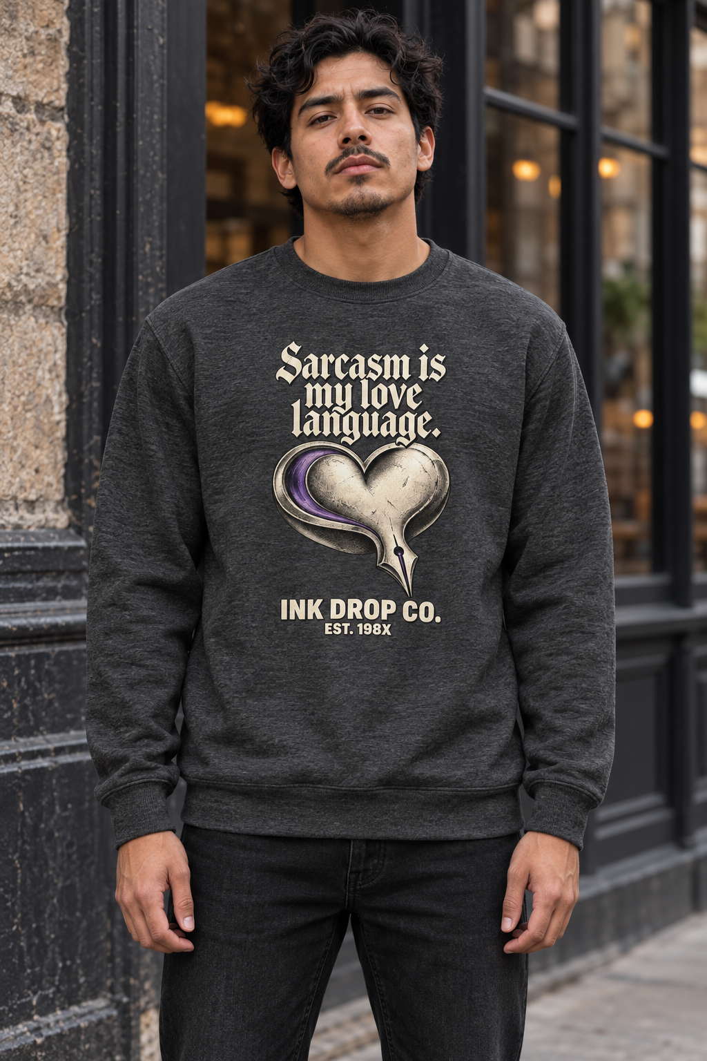 Charcoal crewneck sweatshirt with heart graphic and slogan text on front