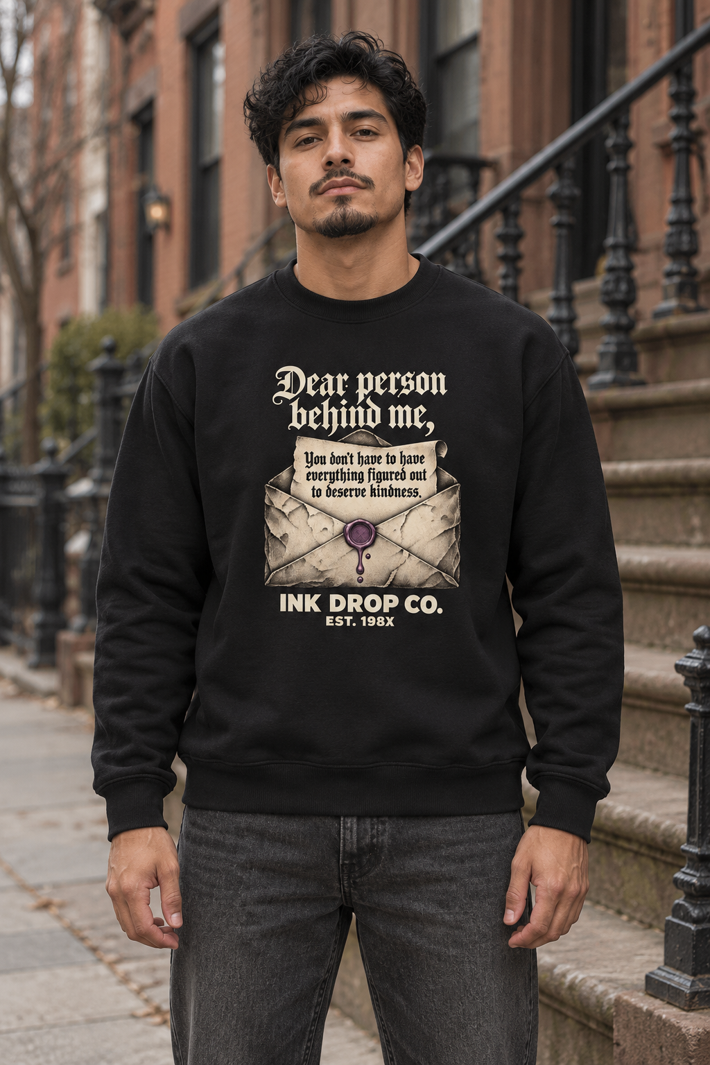 Unisex crewneck sweatshirt in black with front graphic text print