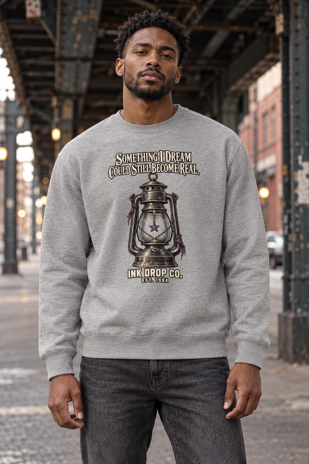 Light gray unisex crewneck sweatshirt with lantern graphic and crew neckline.