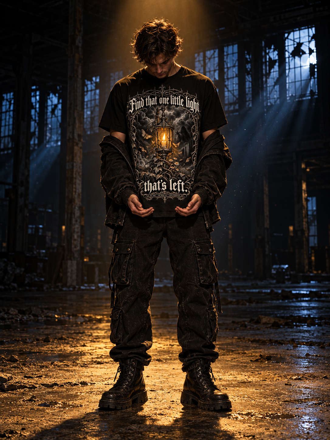 Black unisex graphic t-shirt with centered lantern graphic and text