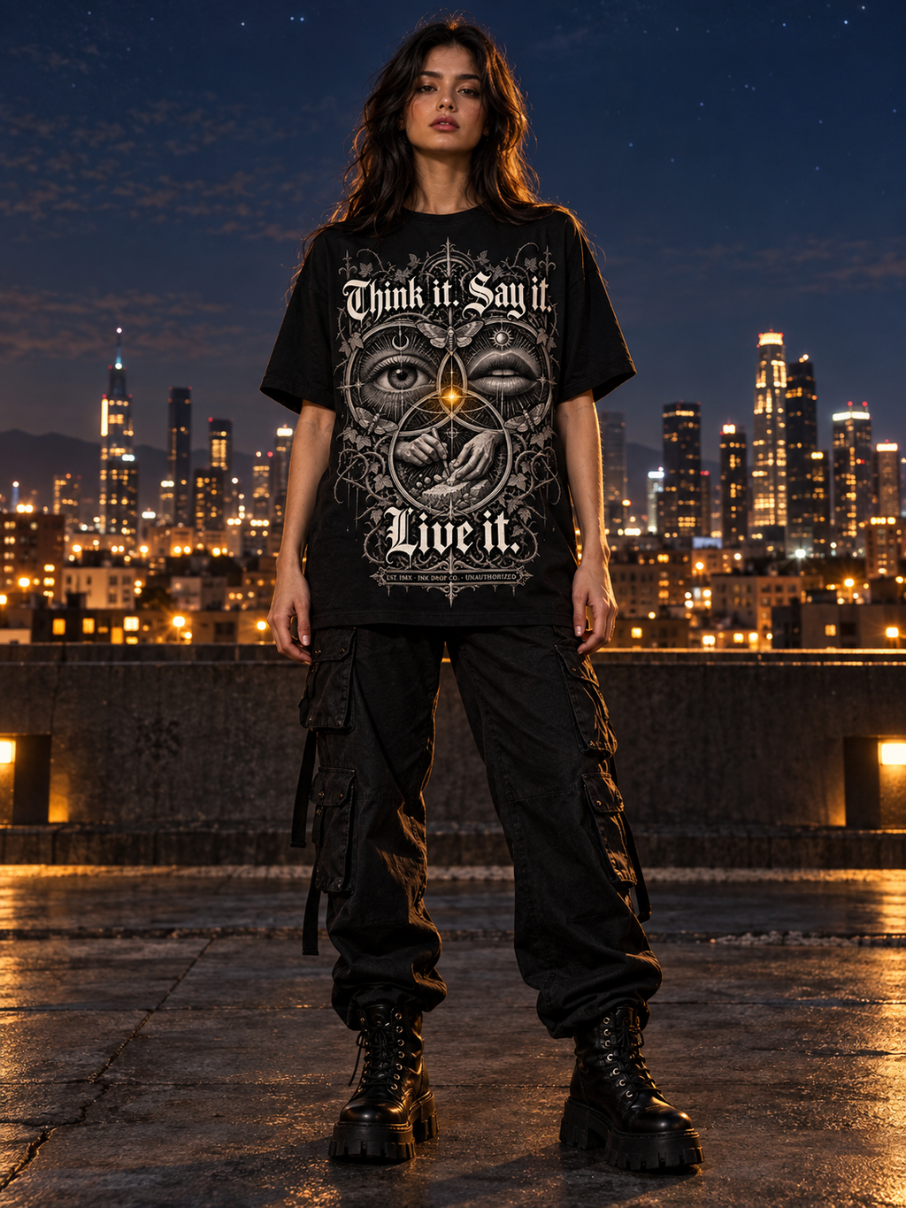 Black unisex graphic tee with front skull eye hand graphic