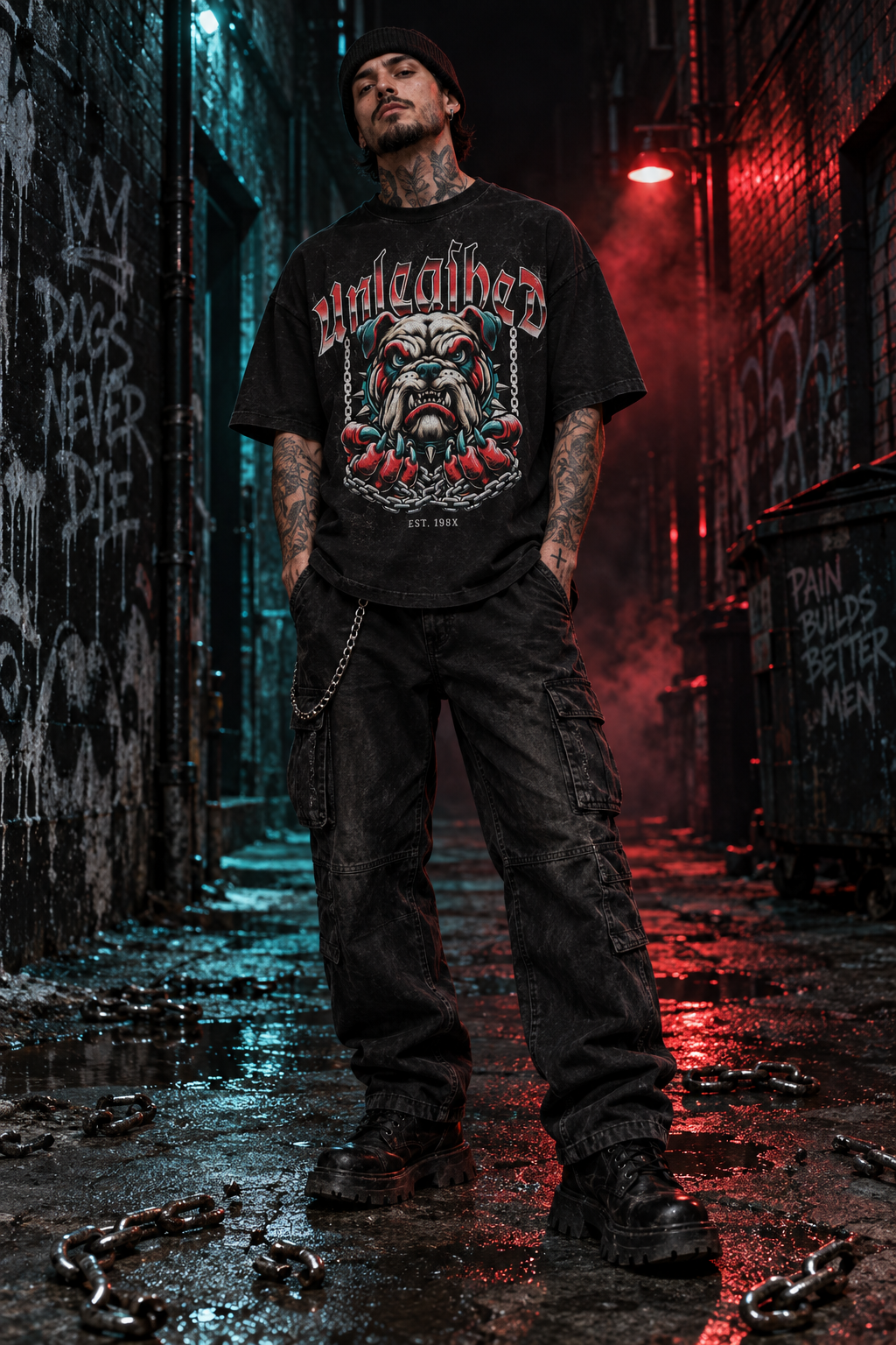 Black graphic tee on model, snarling bulldog front print with chain accents