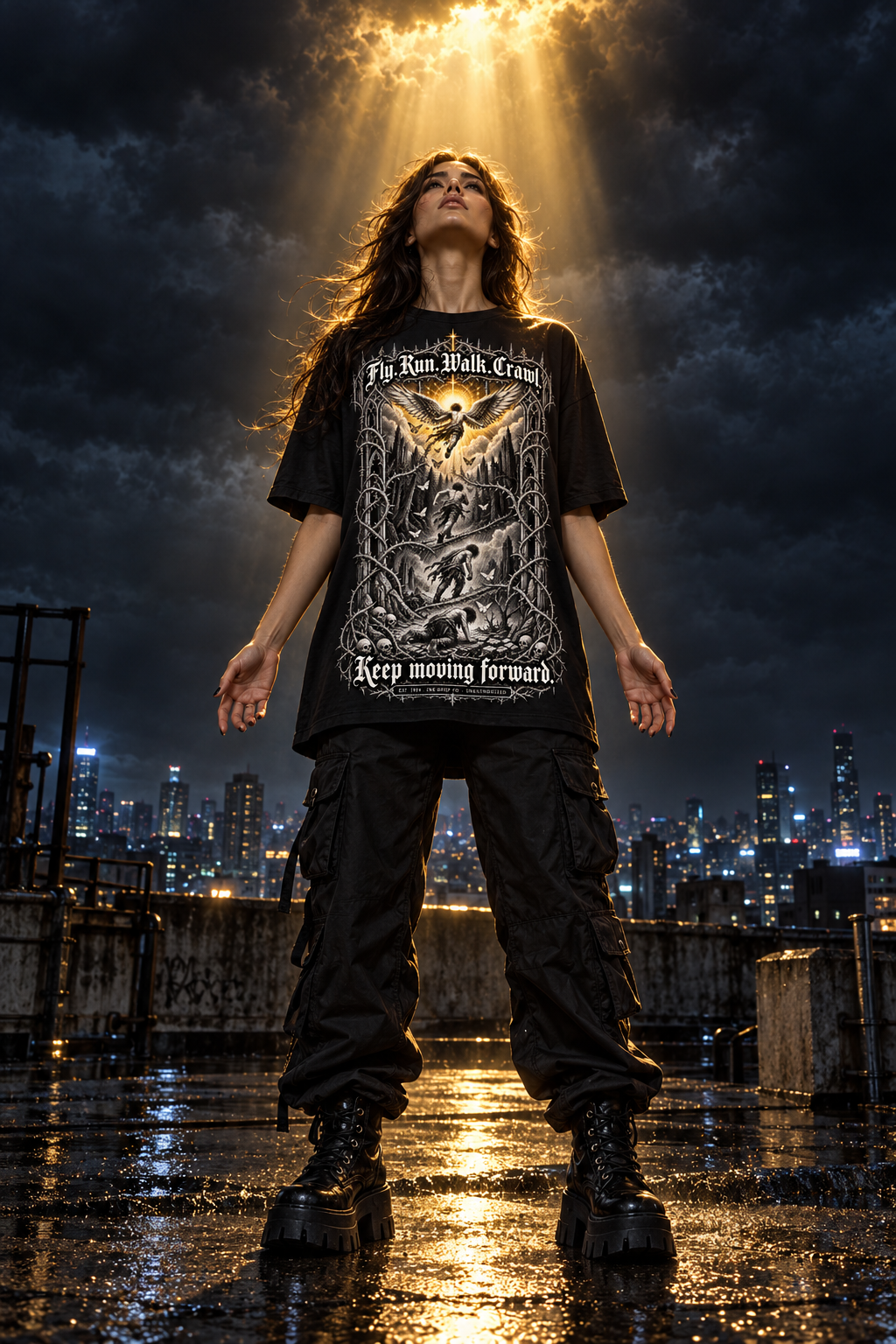 Black unisex graphic tee with eagle graphic and Keep moving forward print