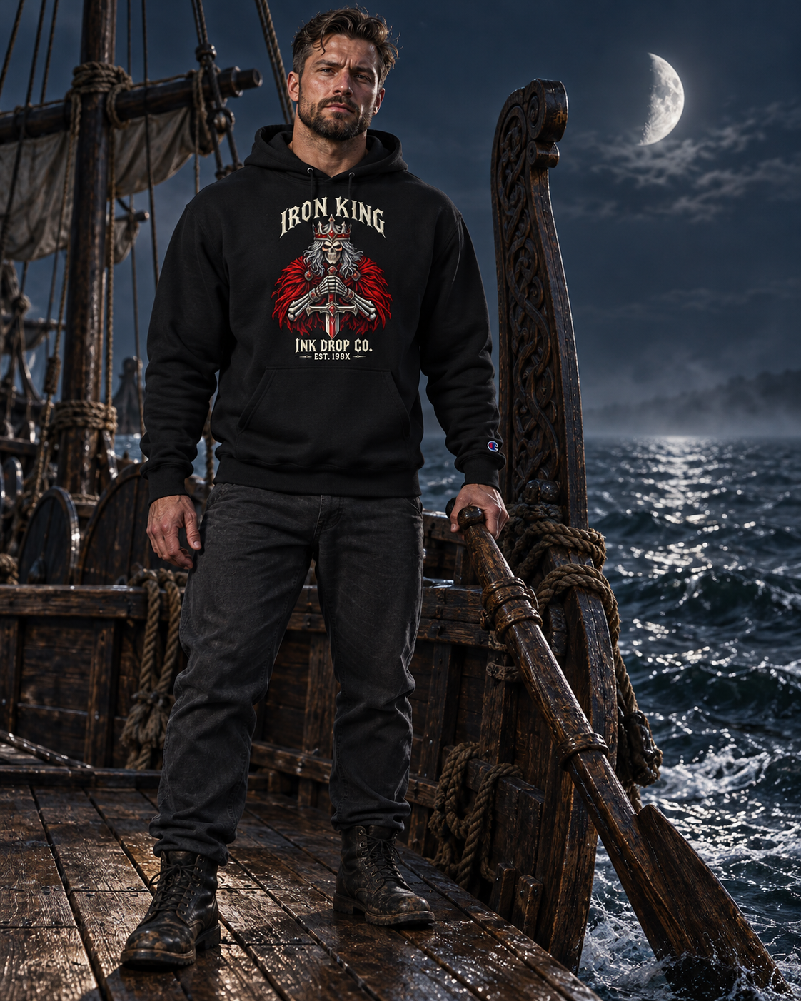 Unisex black graphic hoodie worn outdoors, front Iron King chest print