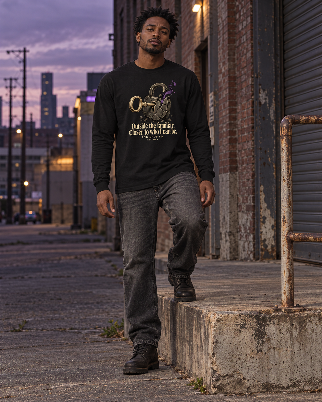 Unisex black long-sleeve graphic tee worn with jeans, featuring lock-and-keys artwork