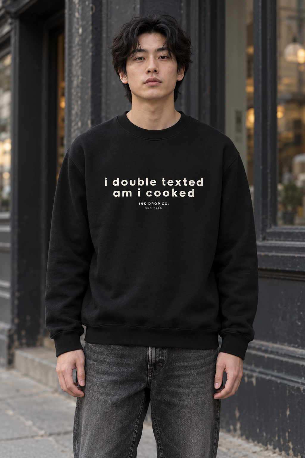 Unisex crewneck sweatshirt in black with front graphic text